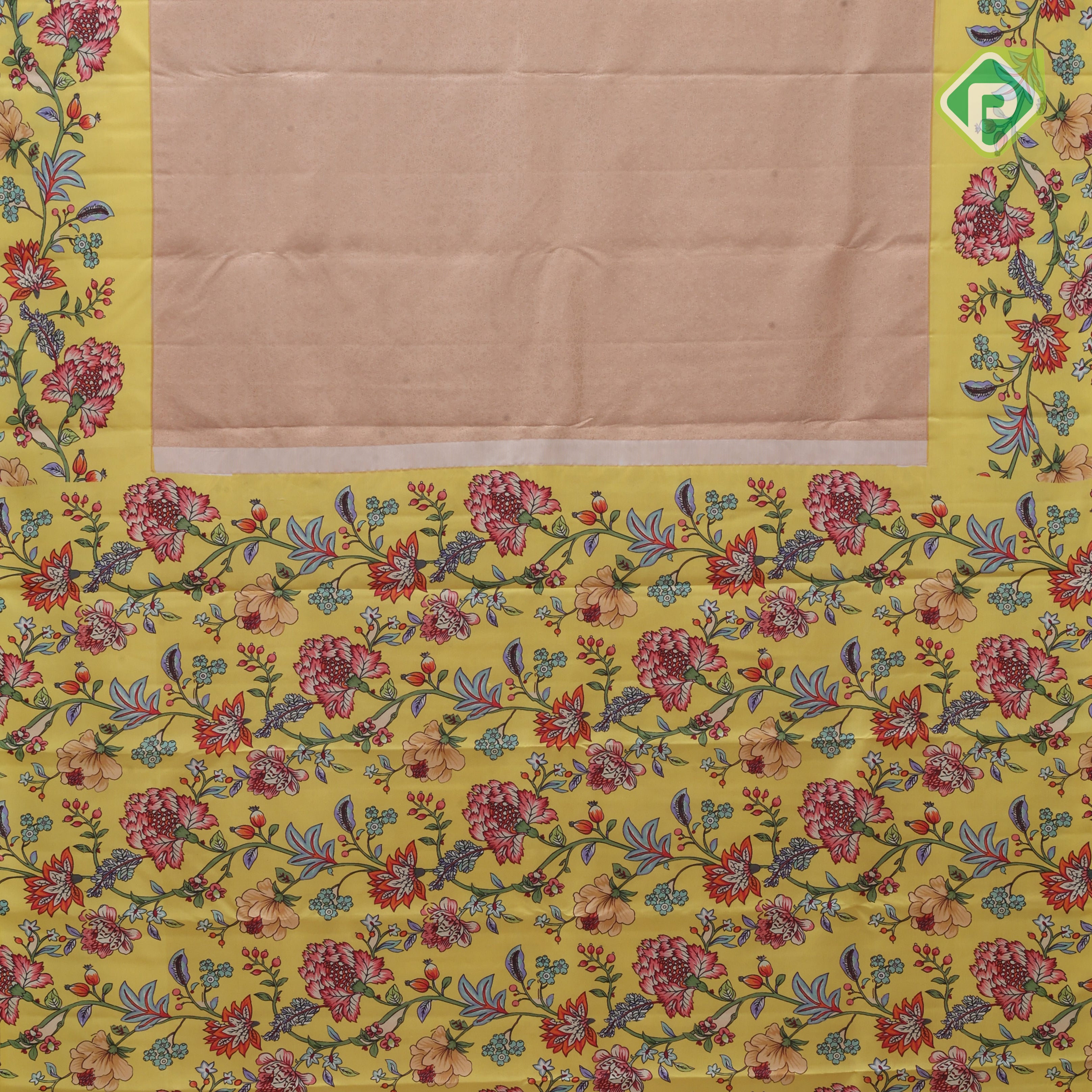 peach silver copper zari grand floral design contrast yellow floral digital print border silk saree