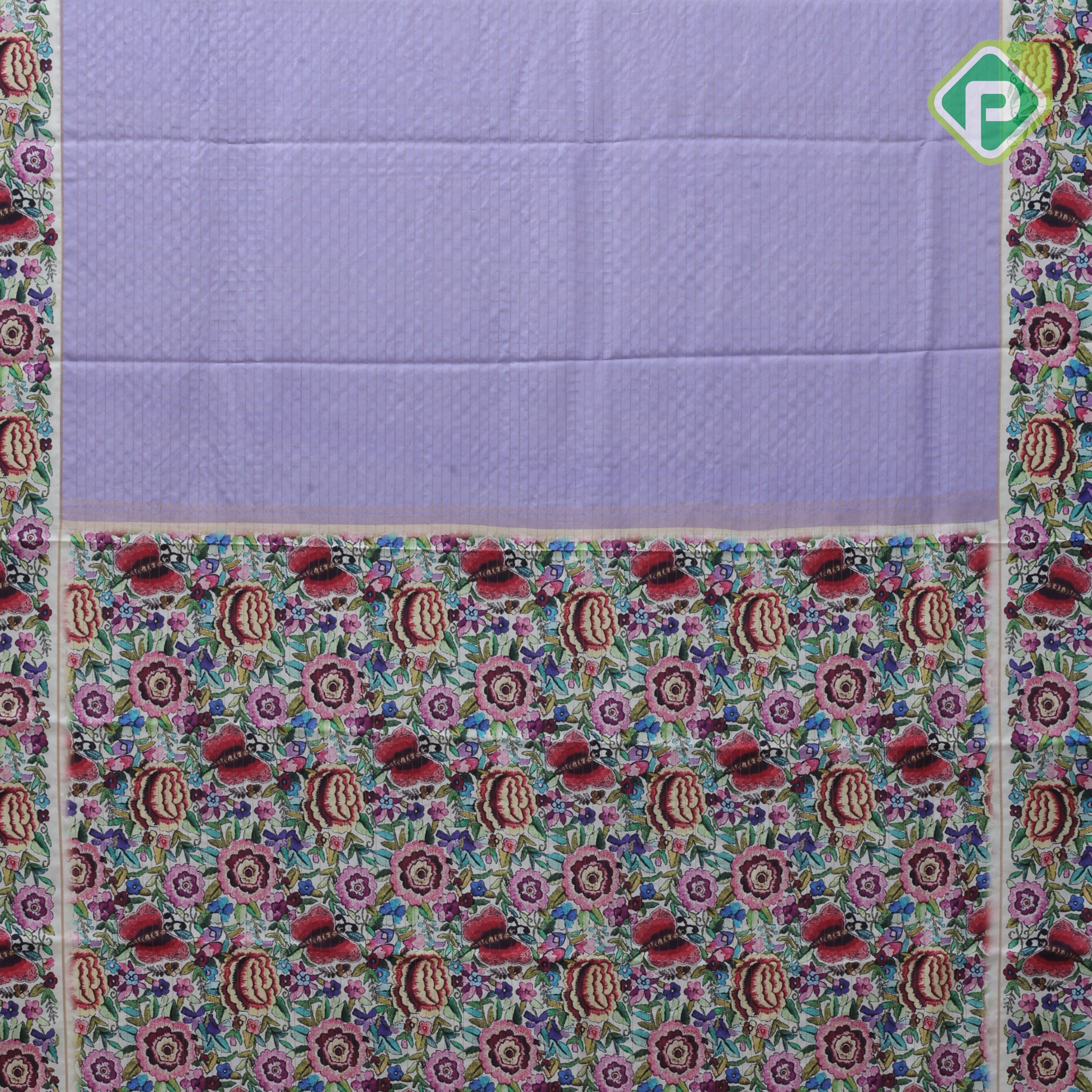 Lavender gold zari vairaoosi checkered contrast cream white floral digital print border silk saree