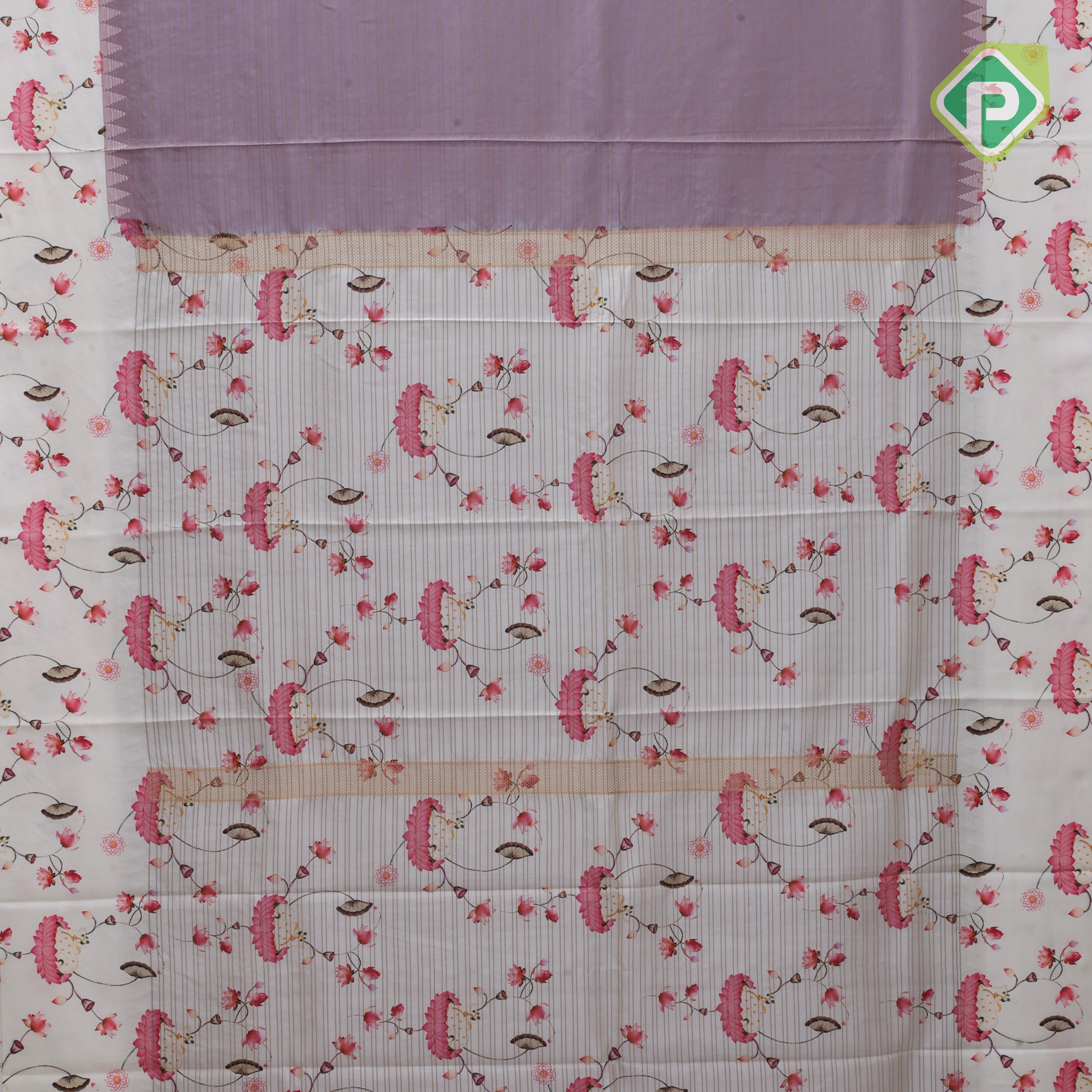 Creamy brown gold zari vairaoosi checkered contrast cream white floral digital print border silk saree