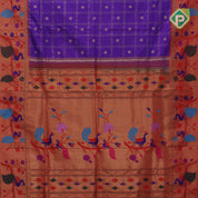 purple blue gold zari double check flower butta Red gold zari pythonic border banaras style silk saree