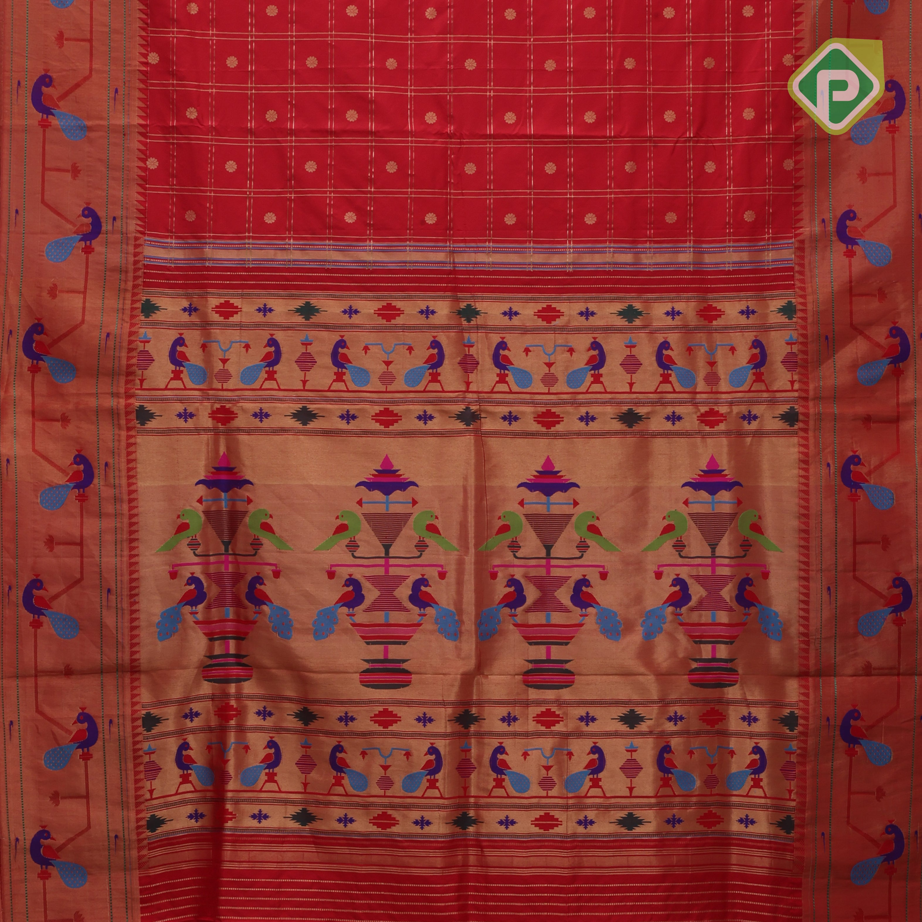 Rani red gold zari double check flower butta self gold zari pythonic border banaras style silk saree