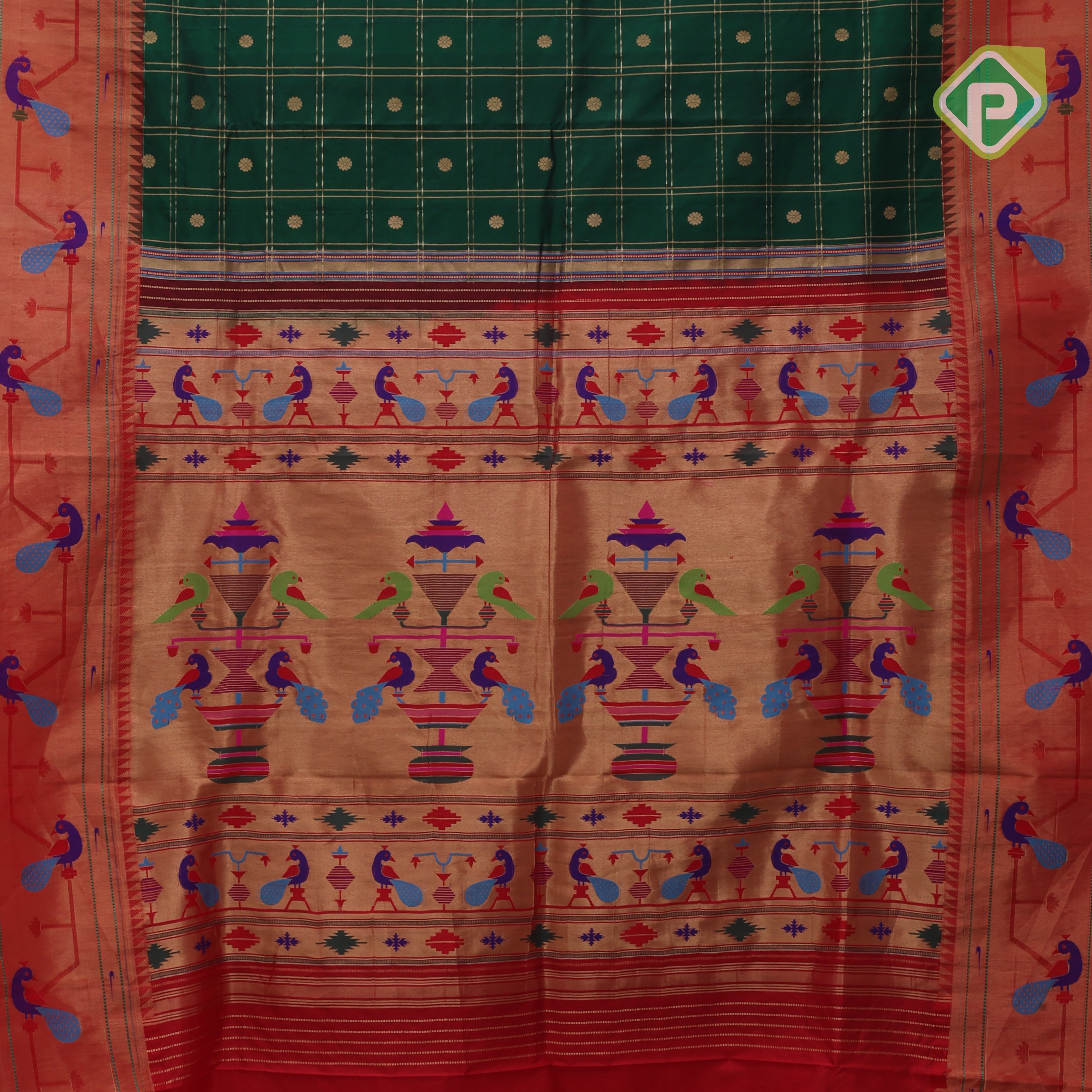 bottle green gold zari double check flower butta self gold zari pythonic border banaras style silk saree