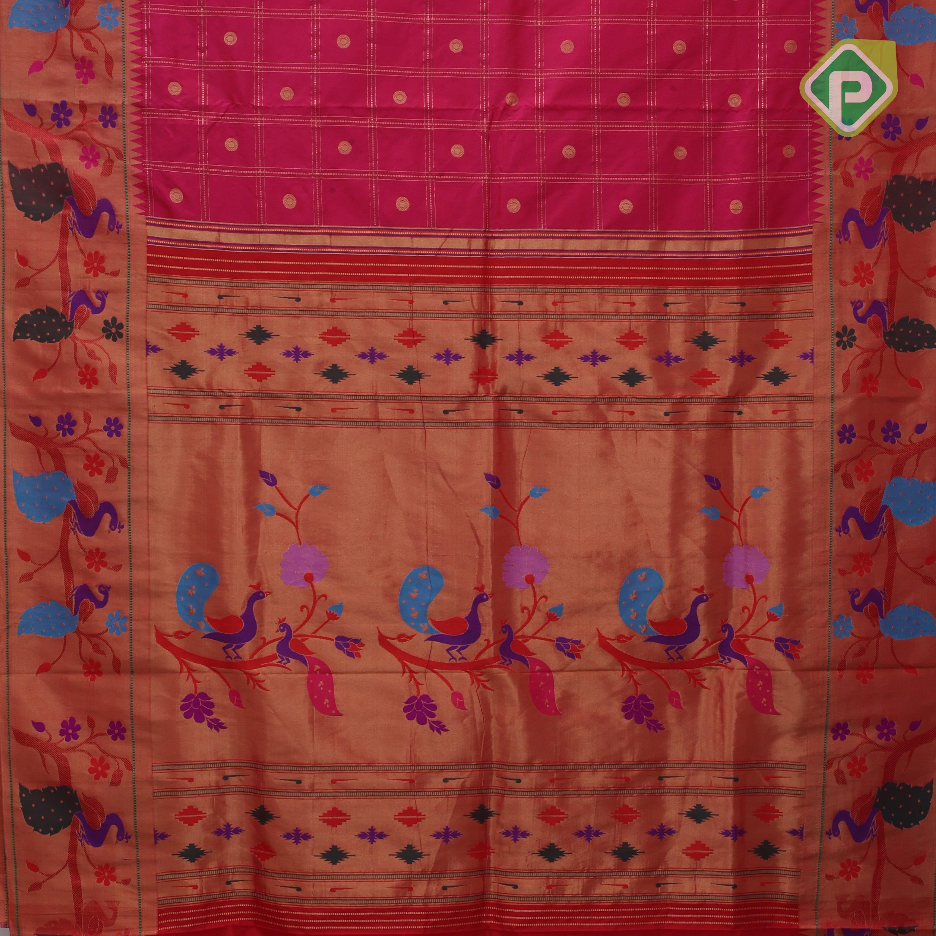 pink gold zari double check flower butta Red gold zari pythonic border banaras style silk saree