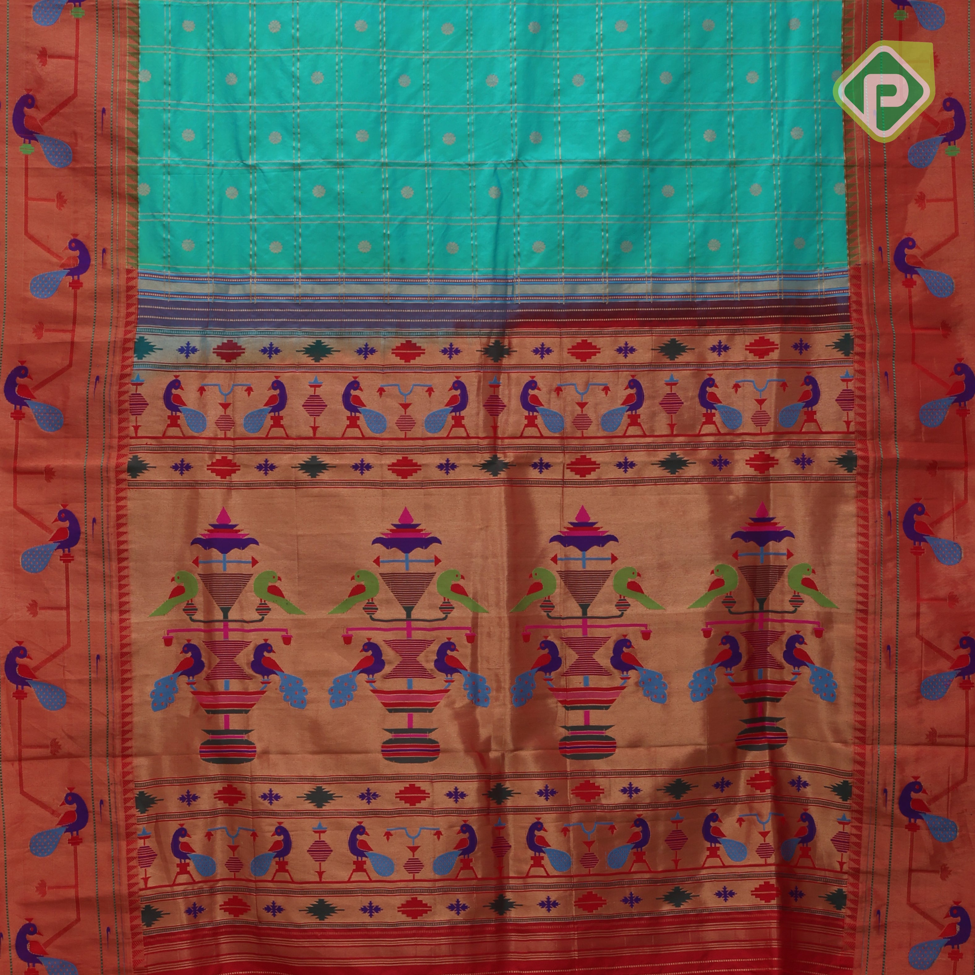 peacock green gold zari double check flower butta red gold zari pythonic border banaras style silk saree