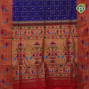 Indigo blue gold zari double check flower butta Red gold zari pythonic border banaras style silk saree
