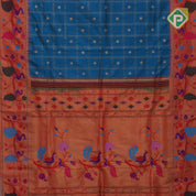 teal Blue gold zari double check flower butta Red gold zari pythonic border banaras style silk saree