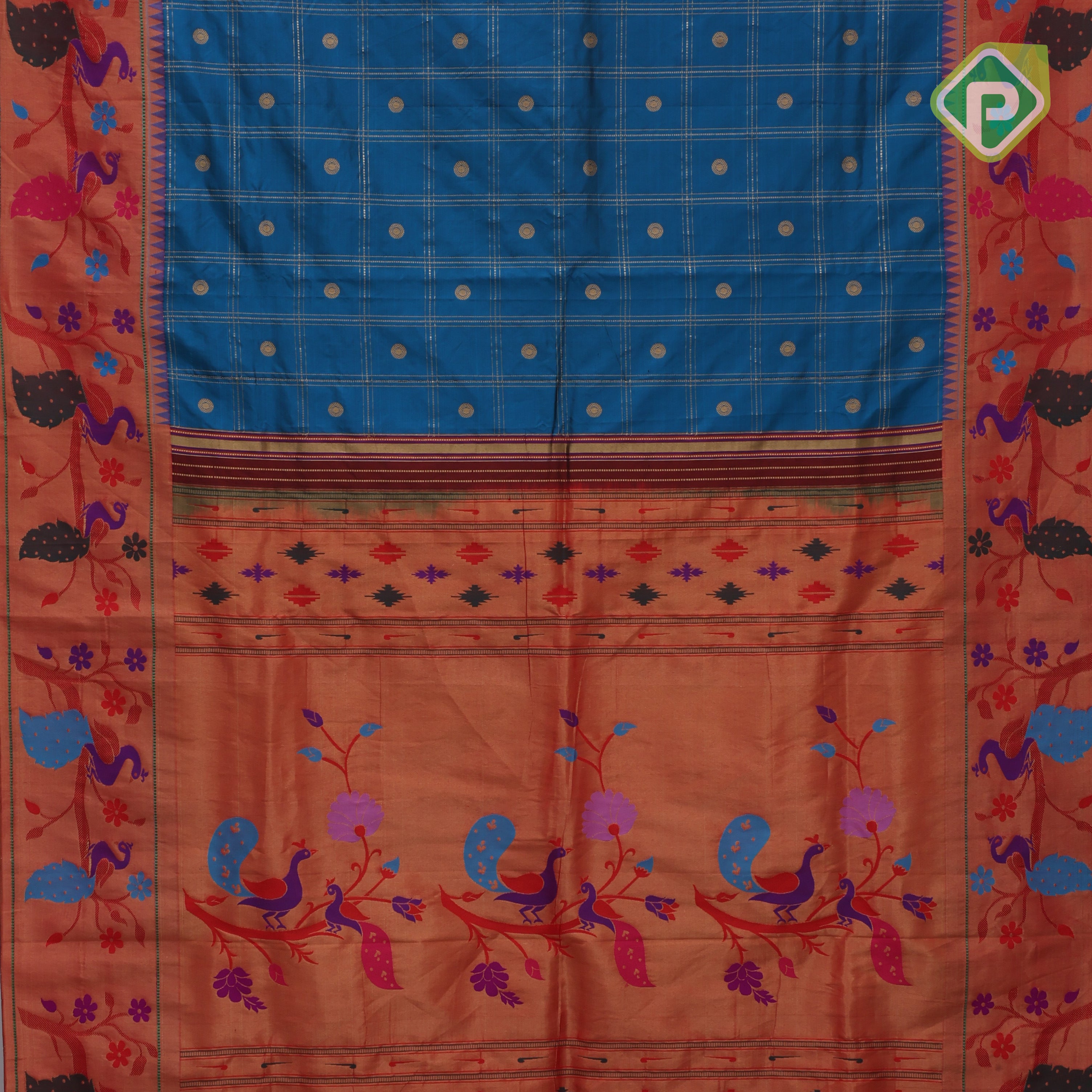 teal Blue gold zari double check flower butta Red gold zari pythonic border banaras style silk saree