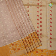 Peach gold zari butta tissue design contrast gold grand pythonic floral border banaras silk saree