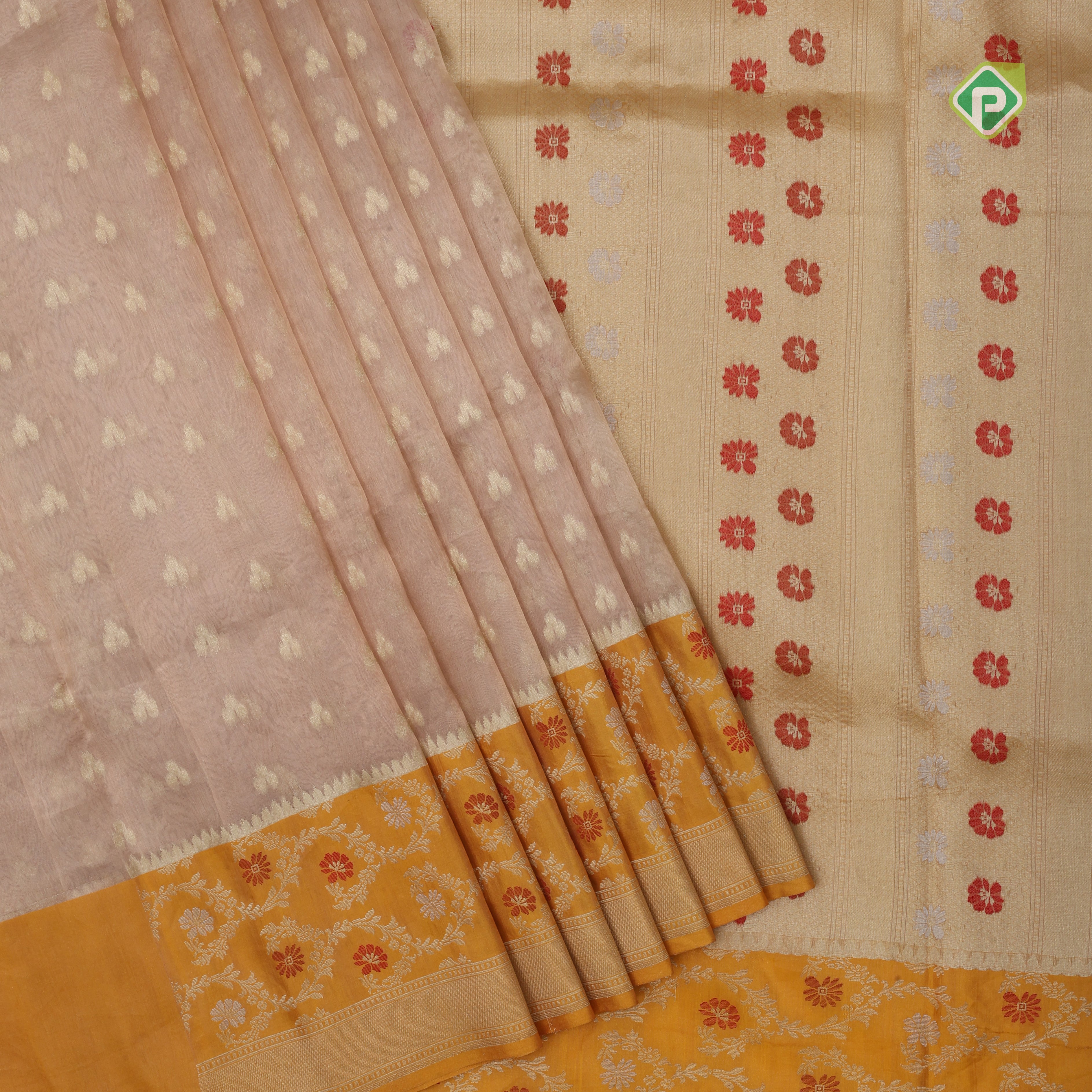 Peach gold zari butta tissue design contrast gold grand pythonic floral border banaras silk saree