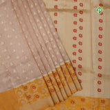 Peach gold zari butta tissue design contrast gold grand pythonic floral border banaras silk saree