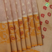 Peach gold zari butta tissue design contrast gold grand pythonic floral border banaras silk saree