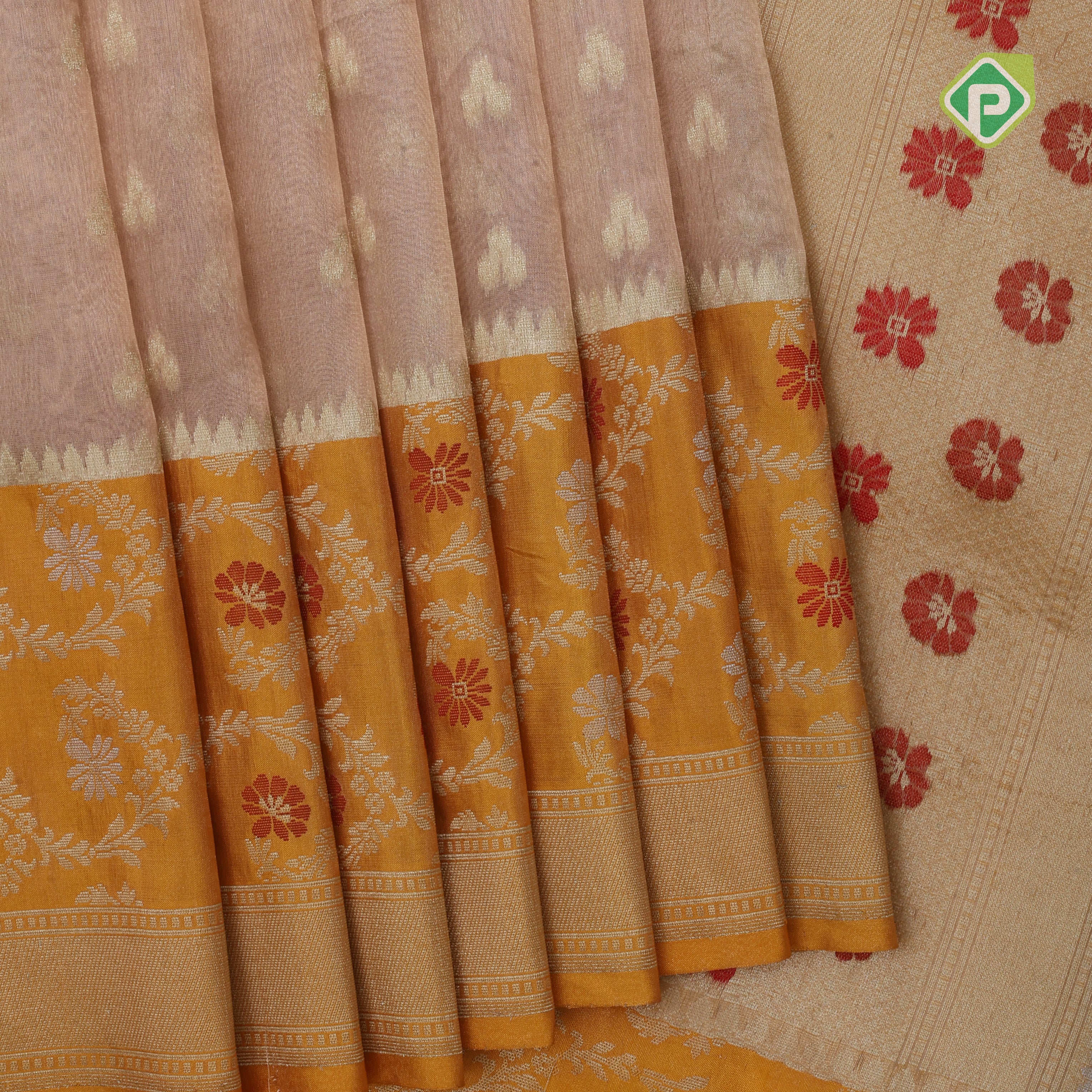 Peach gold zari butta tissue design contrast gold grand pythonic floral border banaras silk saree