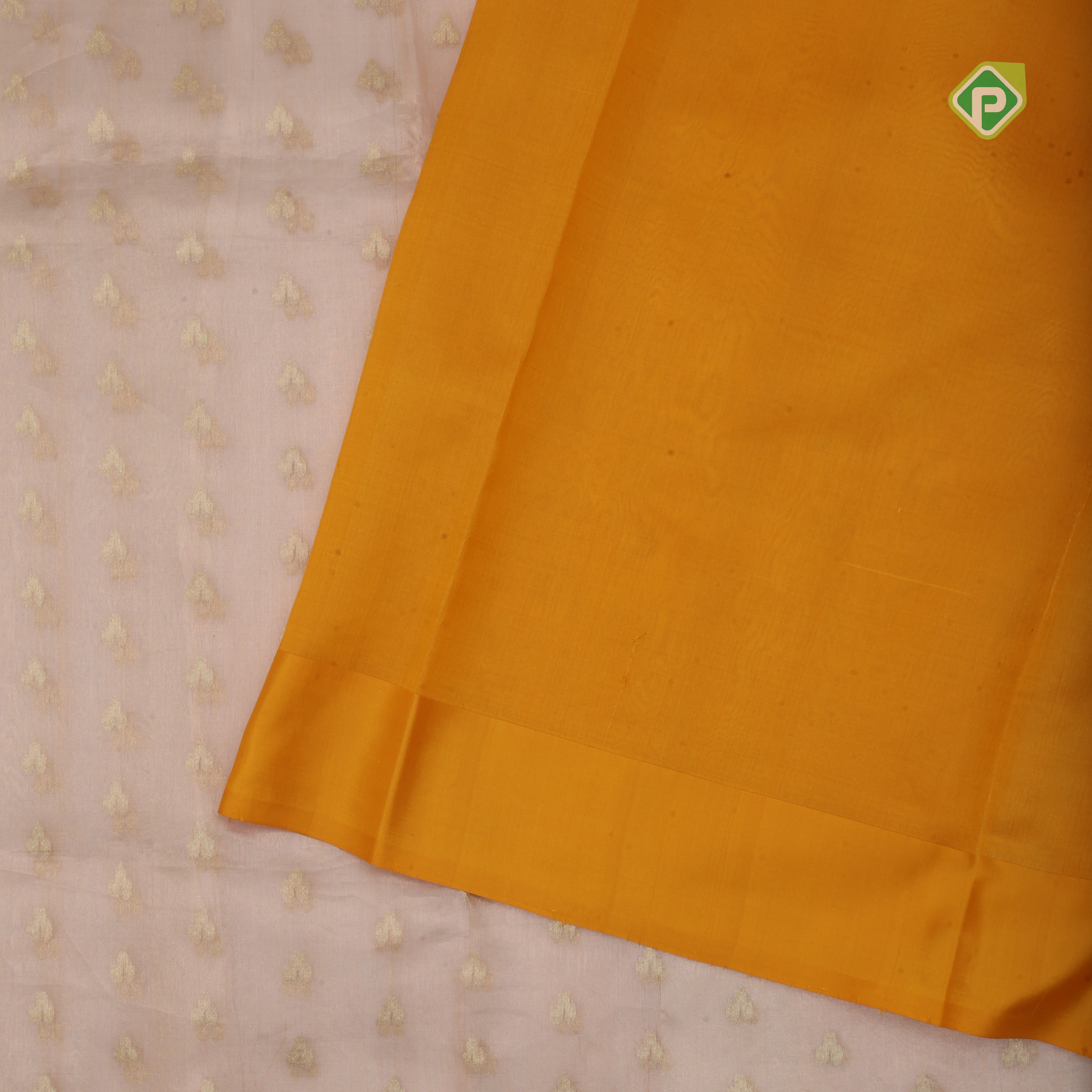 Peach gold zari butta tissue design contrast gold grand pythonic floral border banaras silk saree