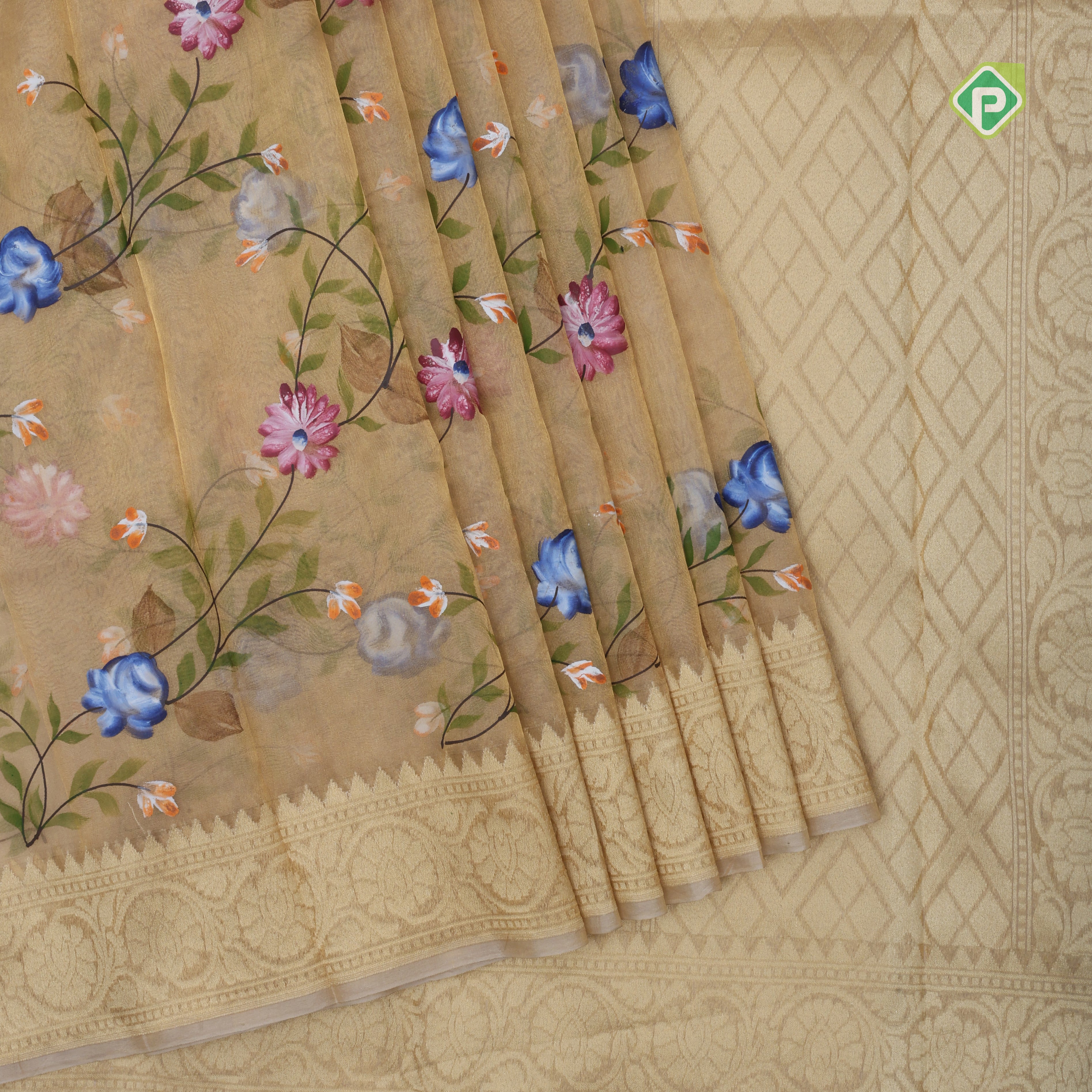 Gold zari by zari tissue weaved muti color digital painting self rangoli border banaras silk saree