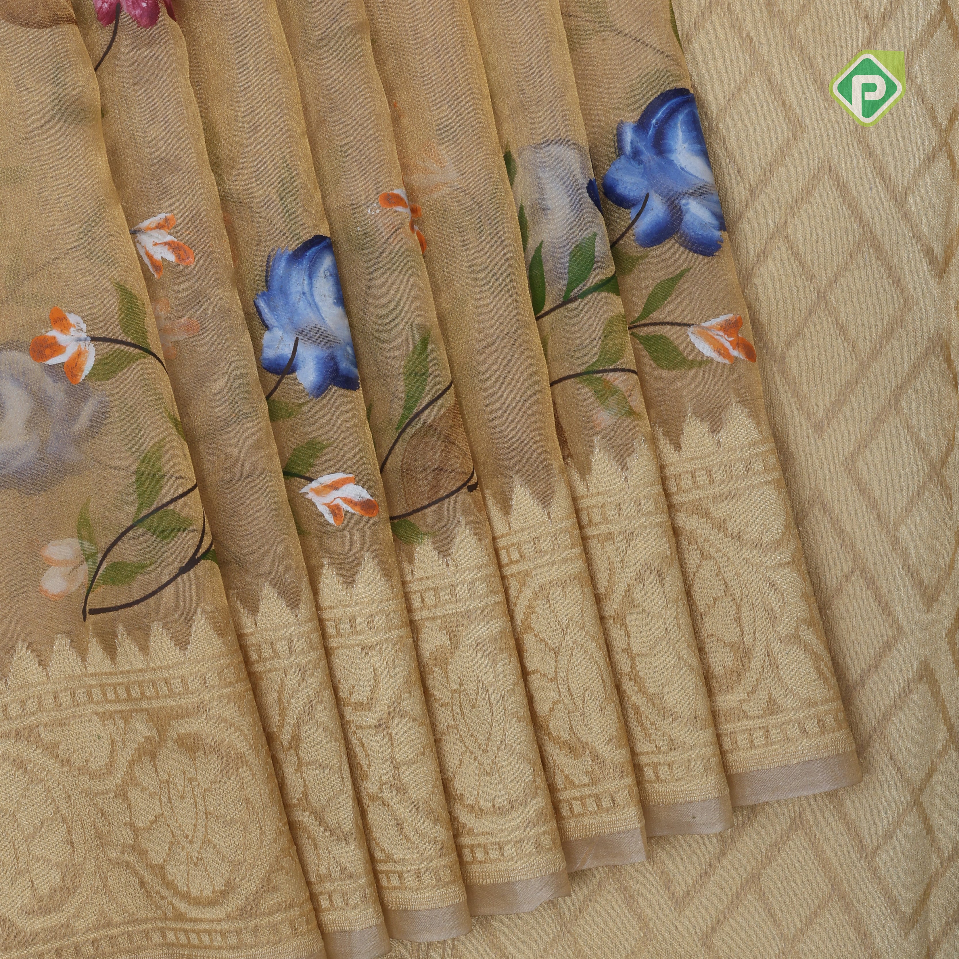 Gold zari by zari tissue weaved muti color digital painting self rangoli border banaras silk saree