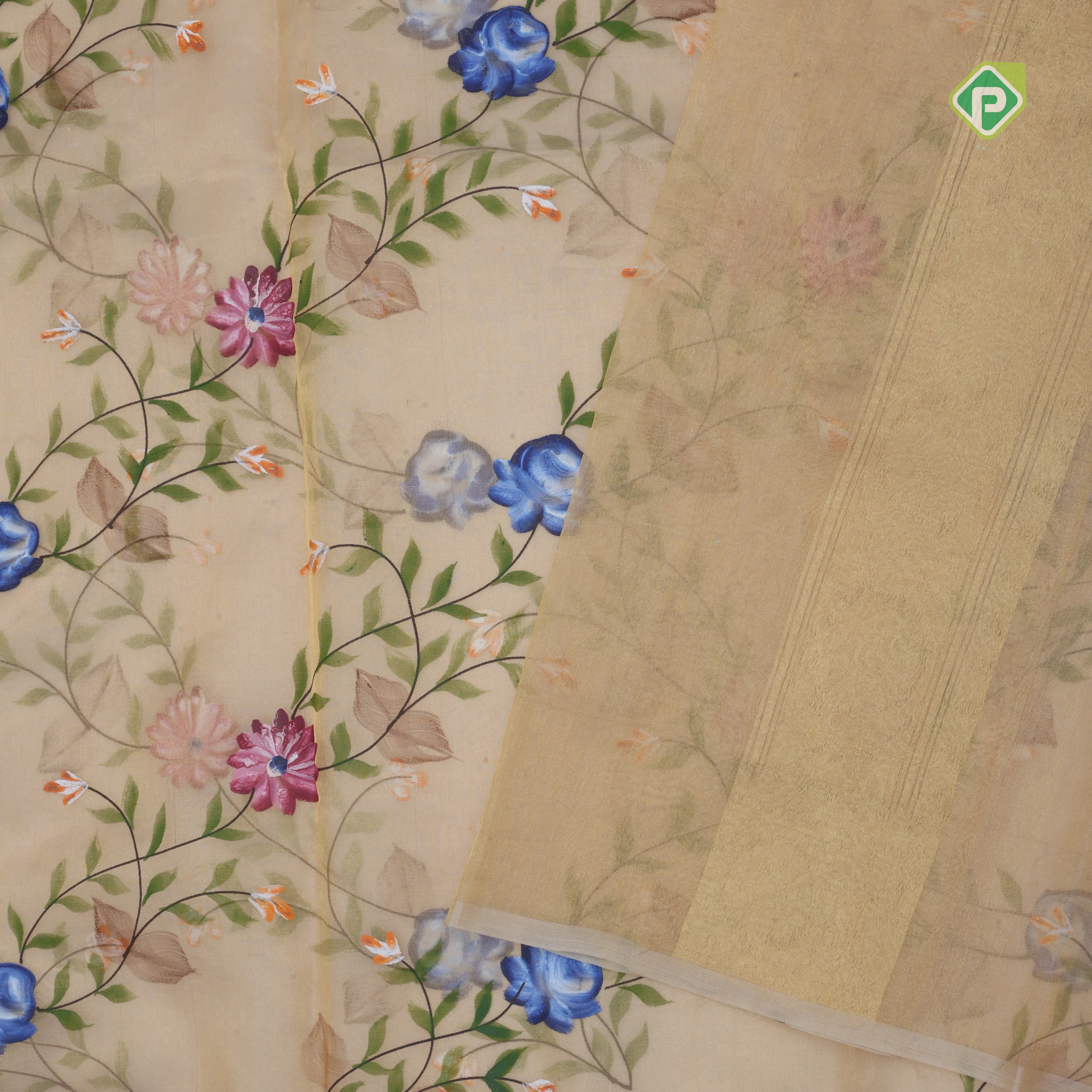 Gold zari by zari tissue weaved muti color digital painting self rangoli border banaras silk saree