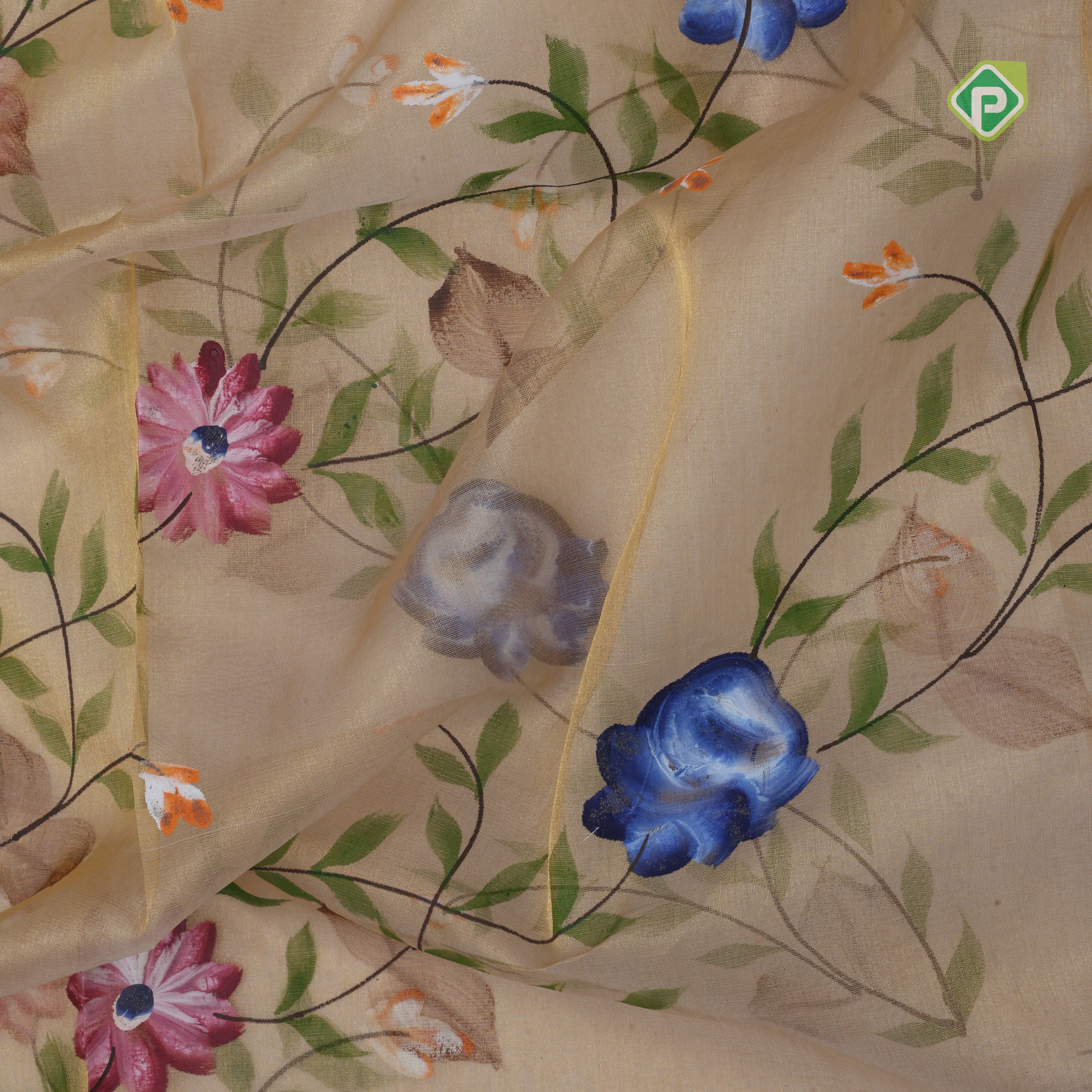 Gold zari by zari tissue weaved muti color digital painting self rangoli border banaras silk saree