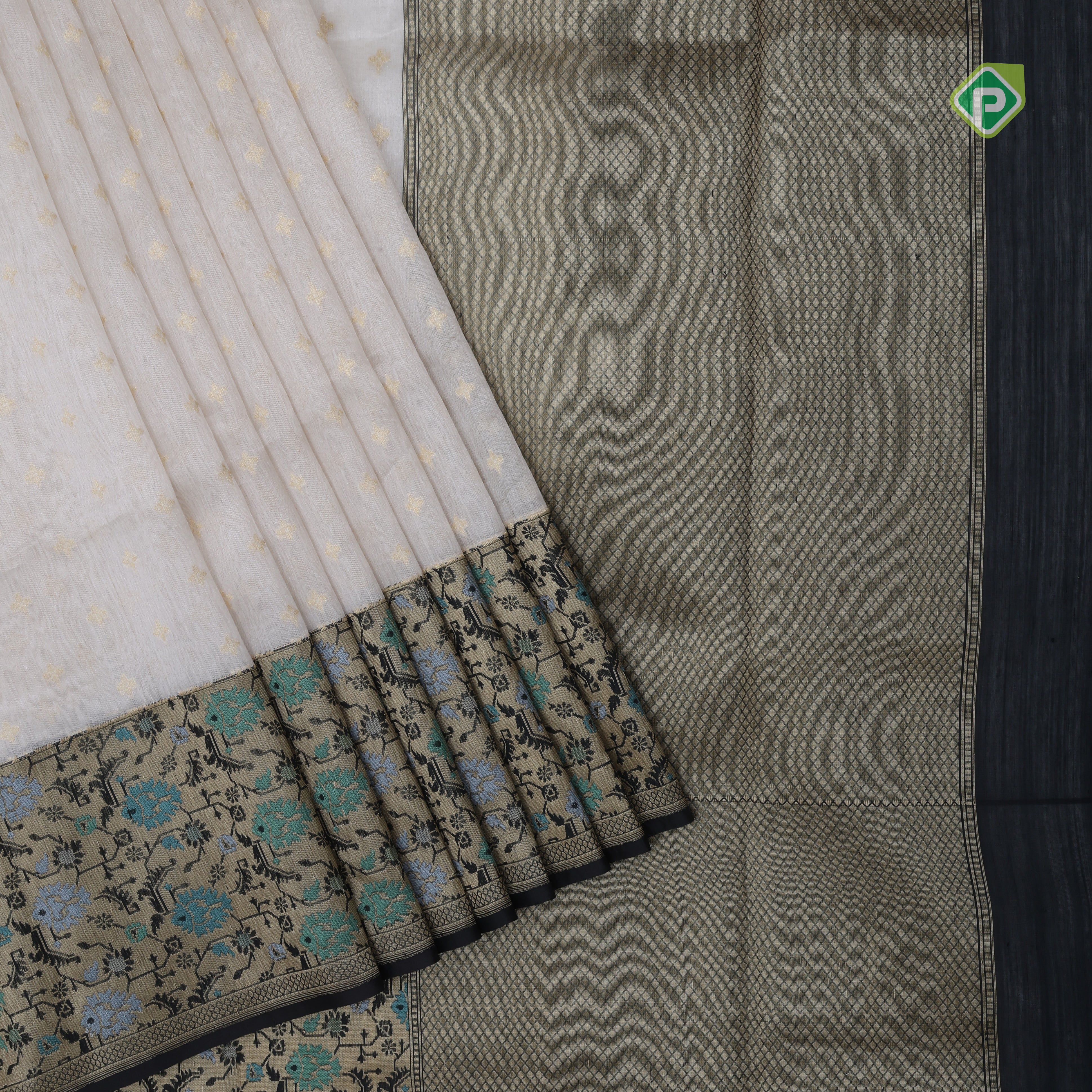 Cream white gold zari star butta tissue weaving contrast black pythonic border banaras tissue silk saree