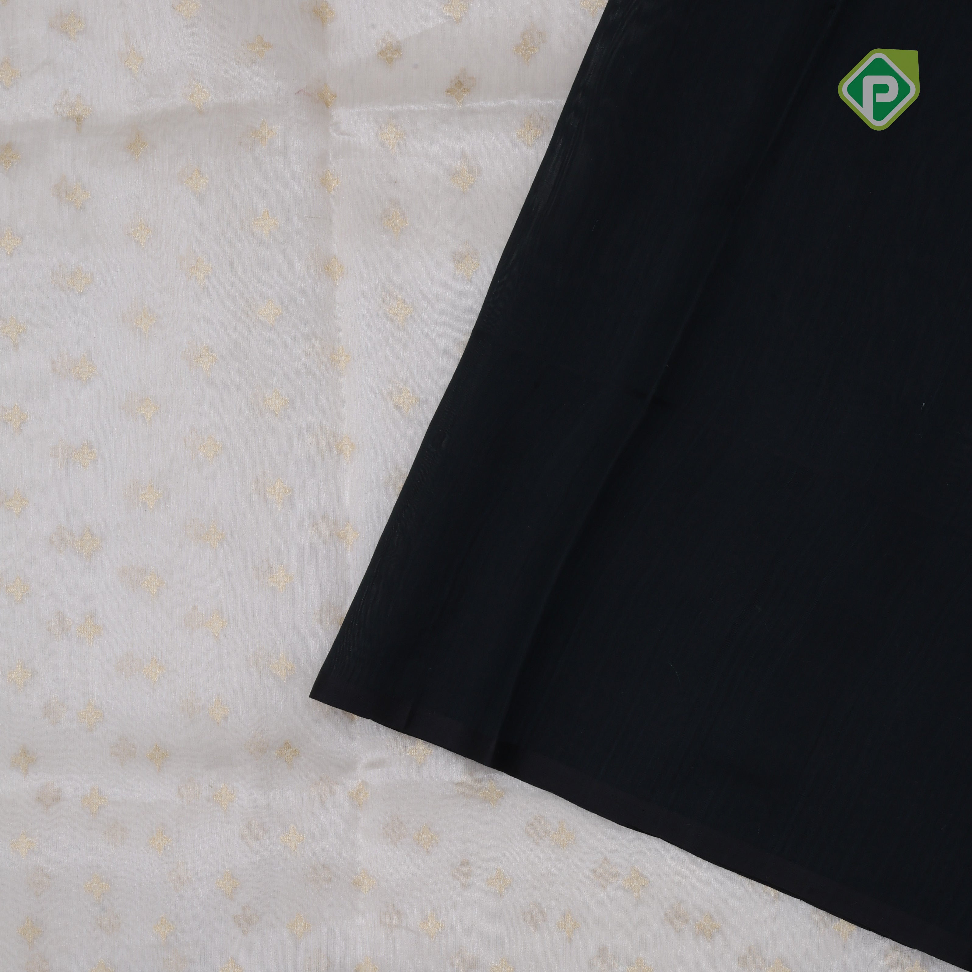 Cream white gold zari star butta tissue weaving contrast black pythonic border banaras tissue silk saree