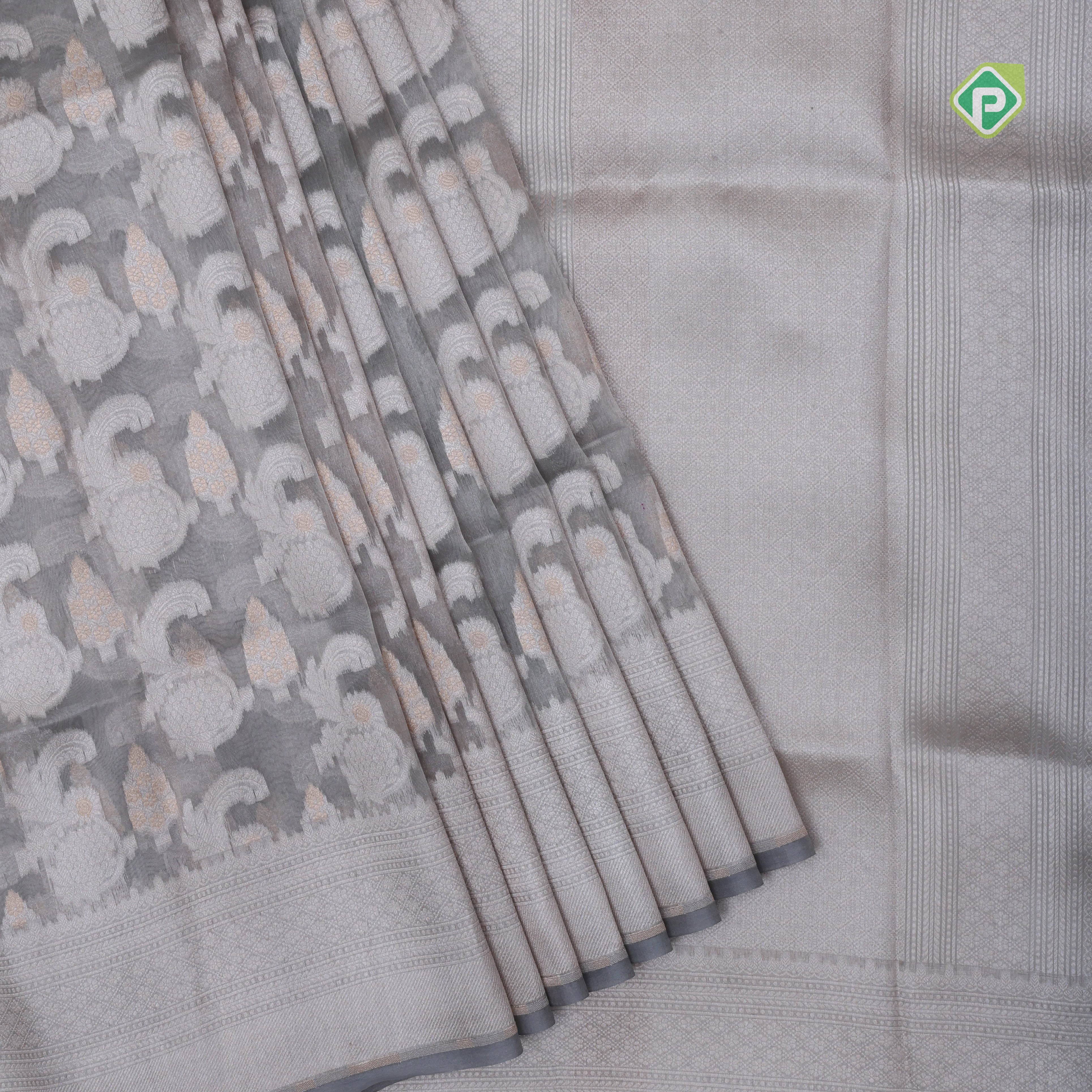 Grey zari by zari jaal full body design self border banaras tissue silk silk saree