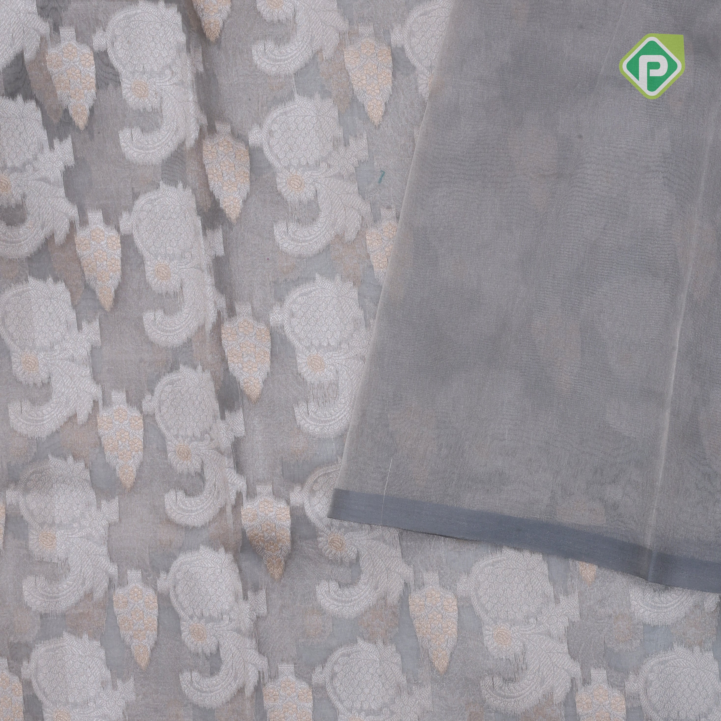 Grey zari by zari jaal full body design self border banaras tissue silk silk saree