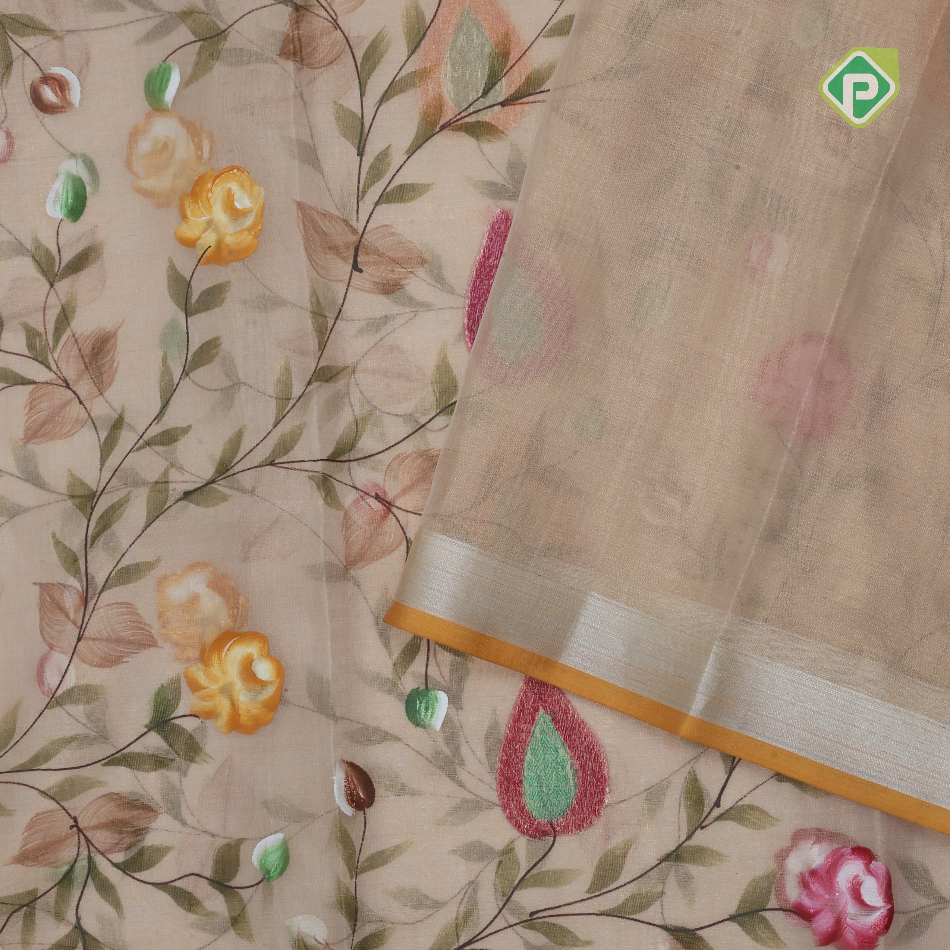 Gold zari by zari tissue muti color digital painting meena work silver zari edge border banaras silk saree