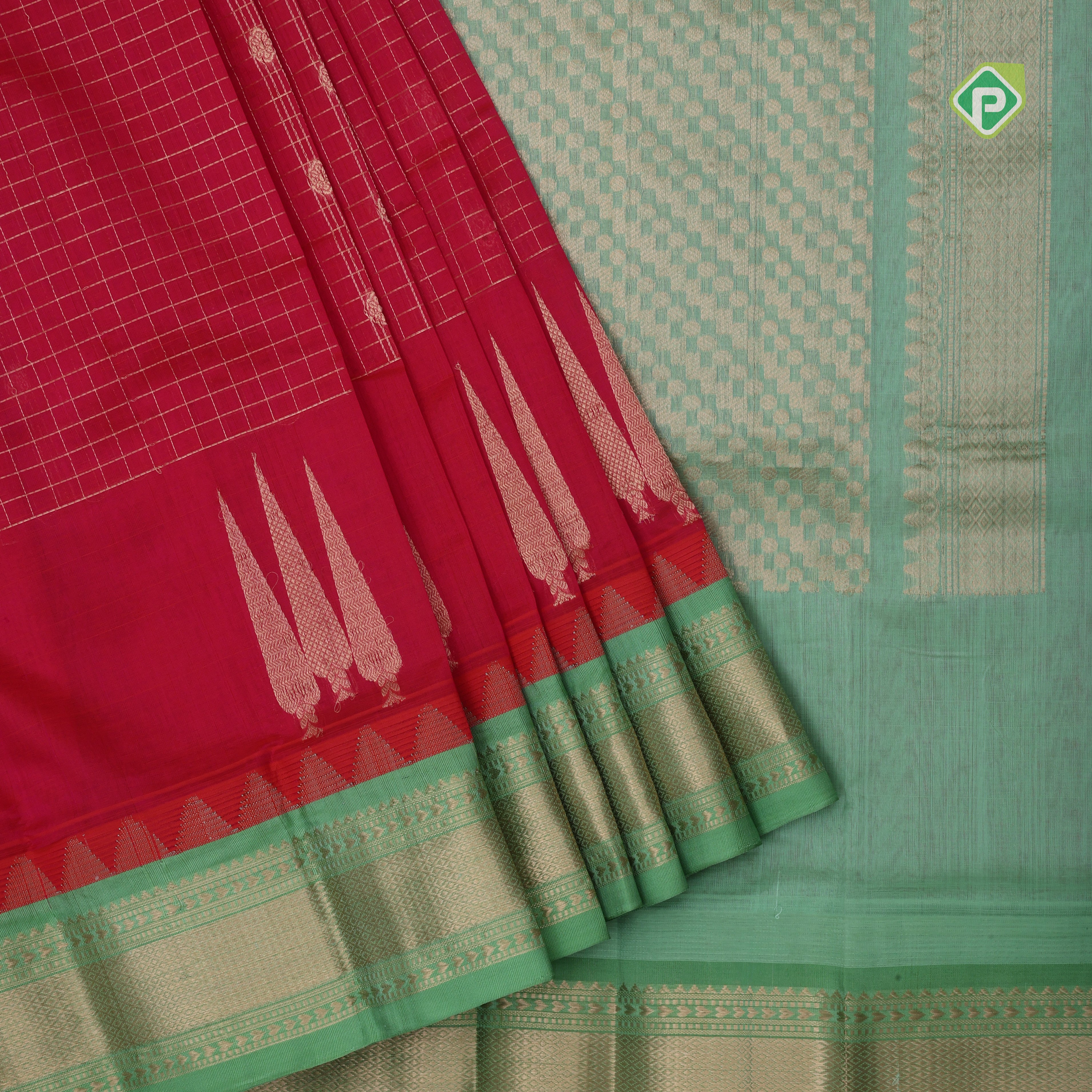Hot Pink dull gold zari checks and butta lines contrast leaf green gold zari mailkan border silk cotton saree