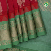 Hot Pink dull gold zari checks and butta lines contrast leaf green gold zari mailkan border silk cotton saree