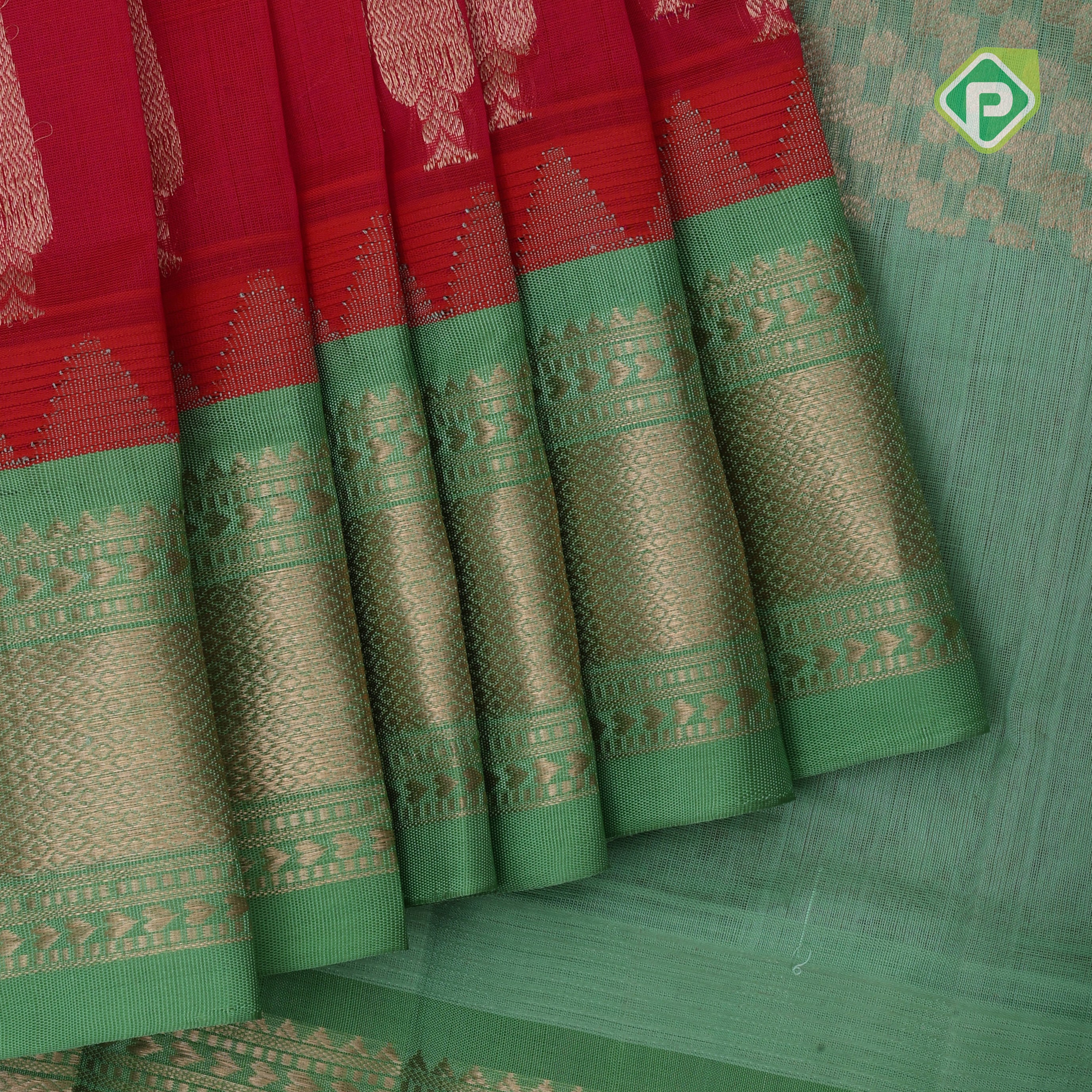 Hot Pink dull gold zari checks and butta lines contrast leaf green gold zari mailkan border silk cotton saree