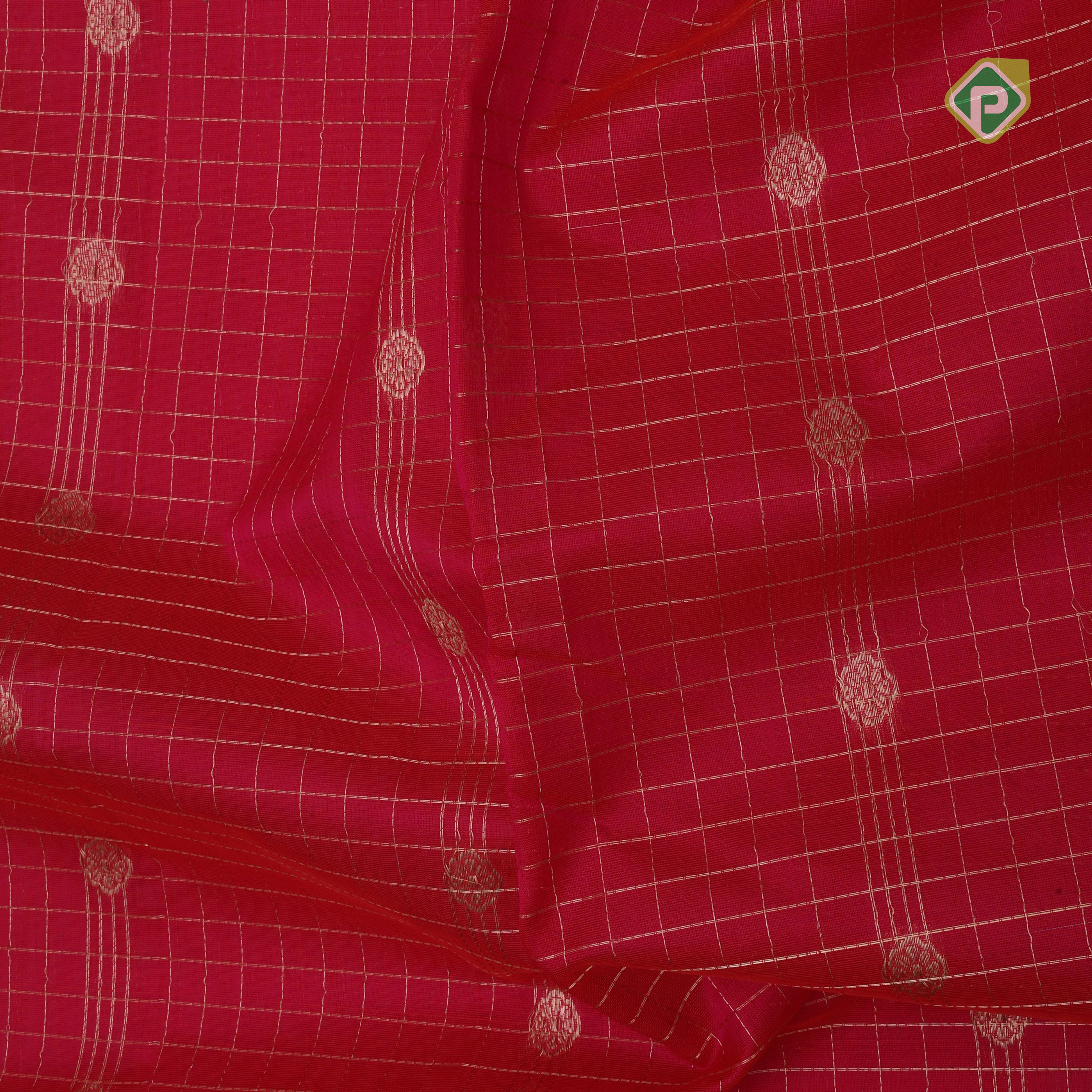 Hot Pink dull gold zari checks and butta lines contrast leaf green gold zari mailkan border silk cotton saree