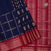 Royal blue gold zari partial peacock parrot meena work checks Rani pink border kuppadam silk cotton saree