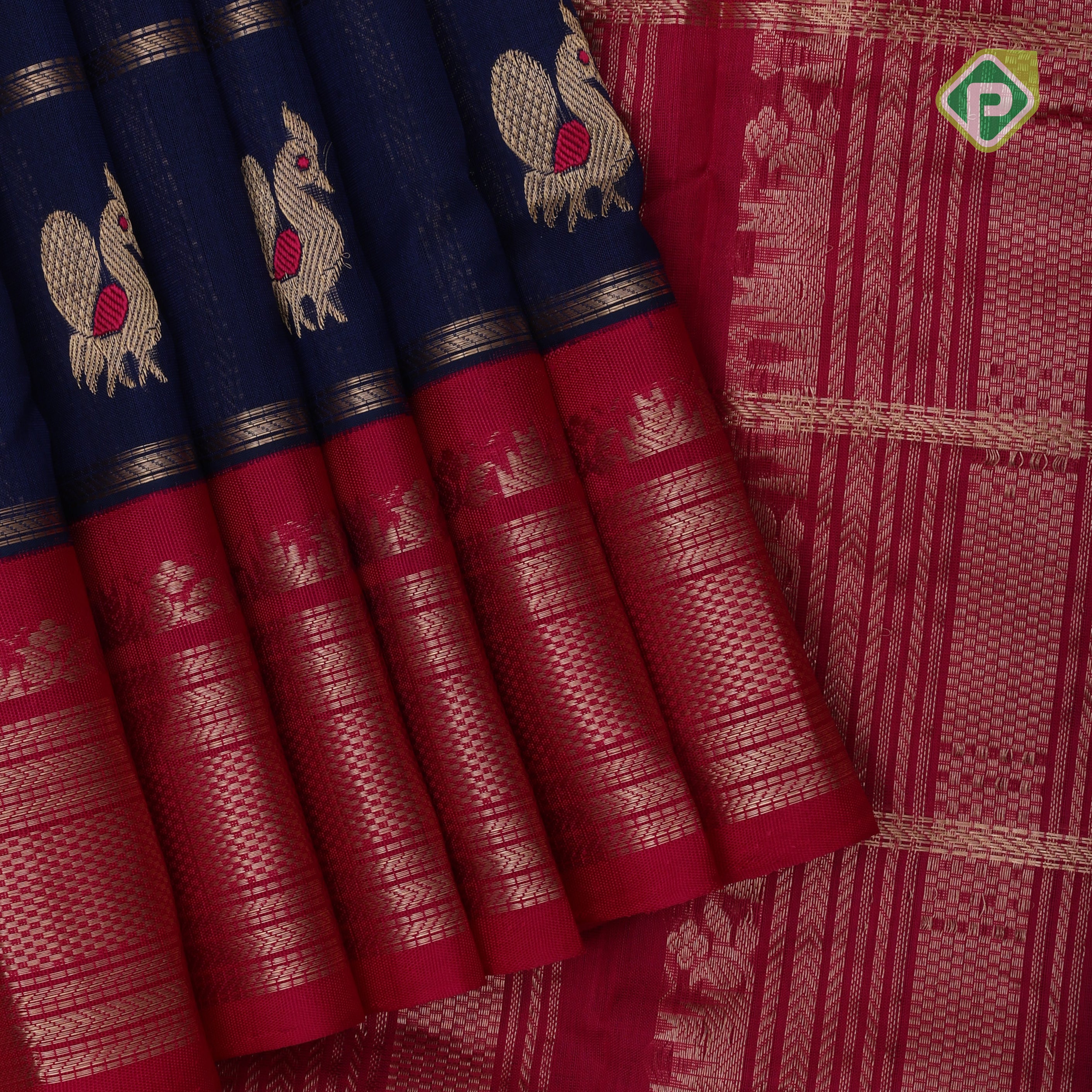 Royal blue gold zari partial peacock parrot meena work checks Rani pink border kuppadam silk cotton saree