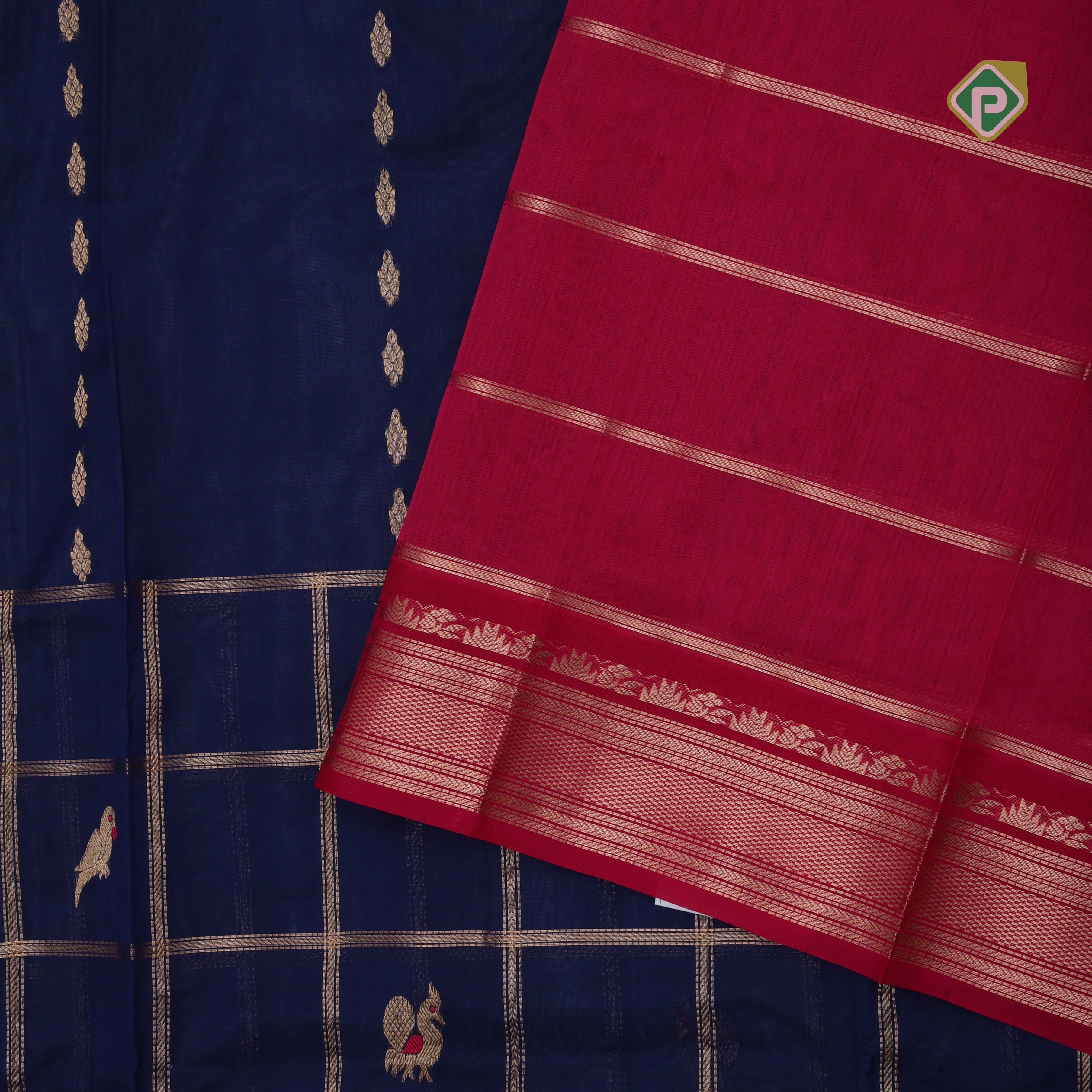 Royal blue gold zari partial peacock parrot meena work checks Rani pink border kuppadam silk cotton saree