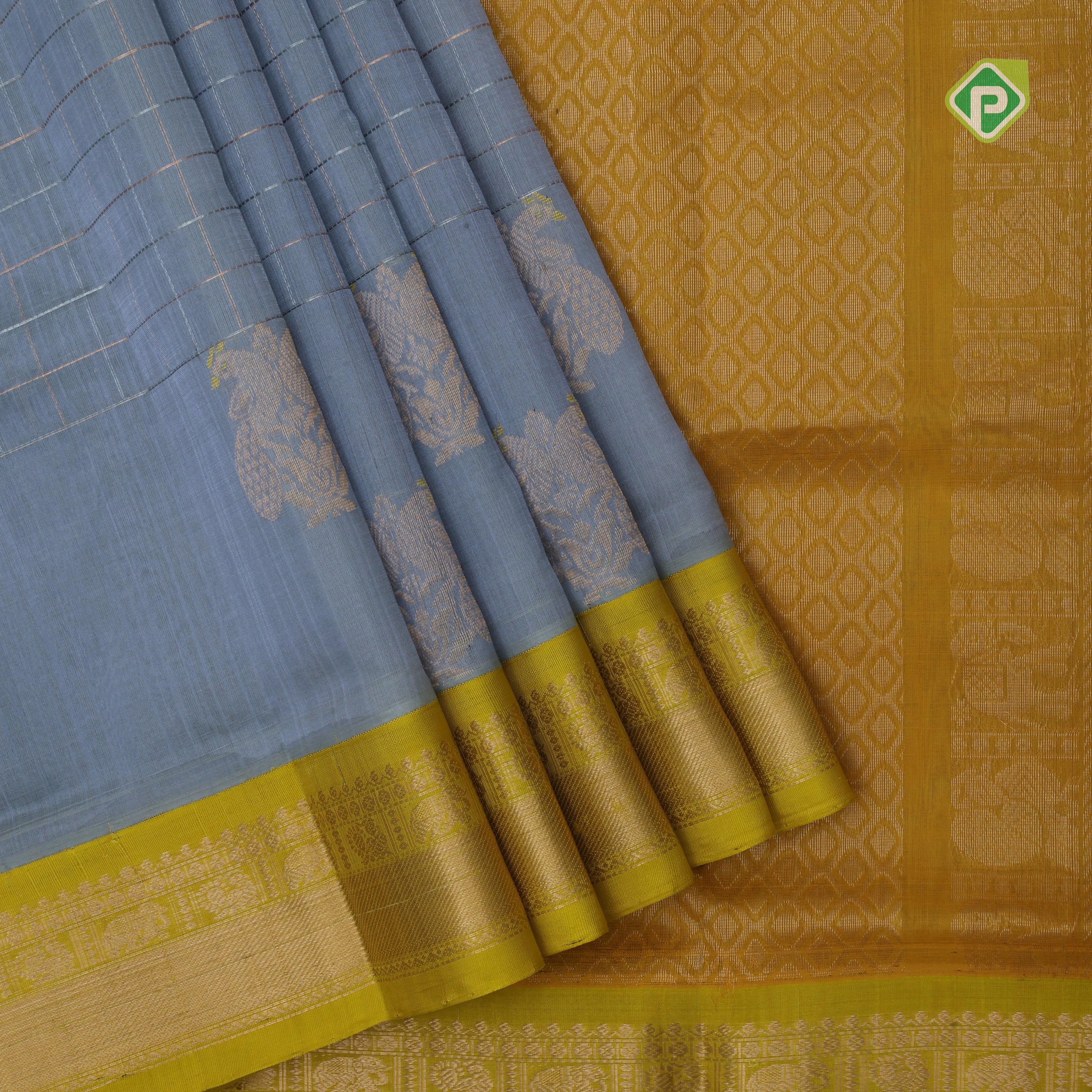 Ash grey multi color zari checks contrast manthulir green zari border kuppadam silk cotton saree