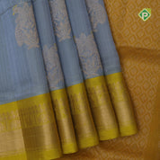 Ash grey multi color zari checks contrast manthulir green zari border kuppadam silk cotton saree