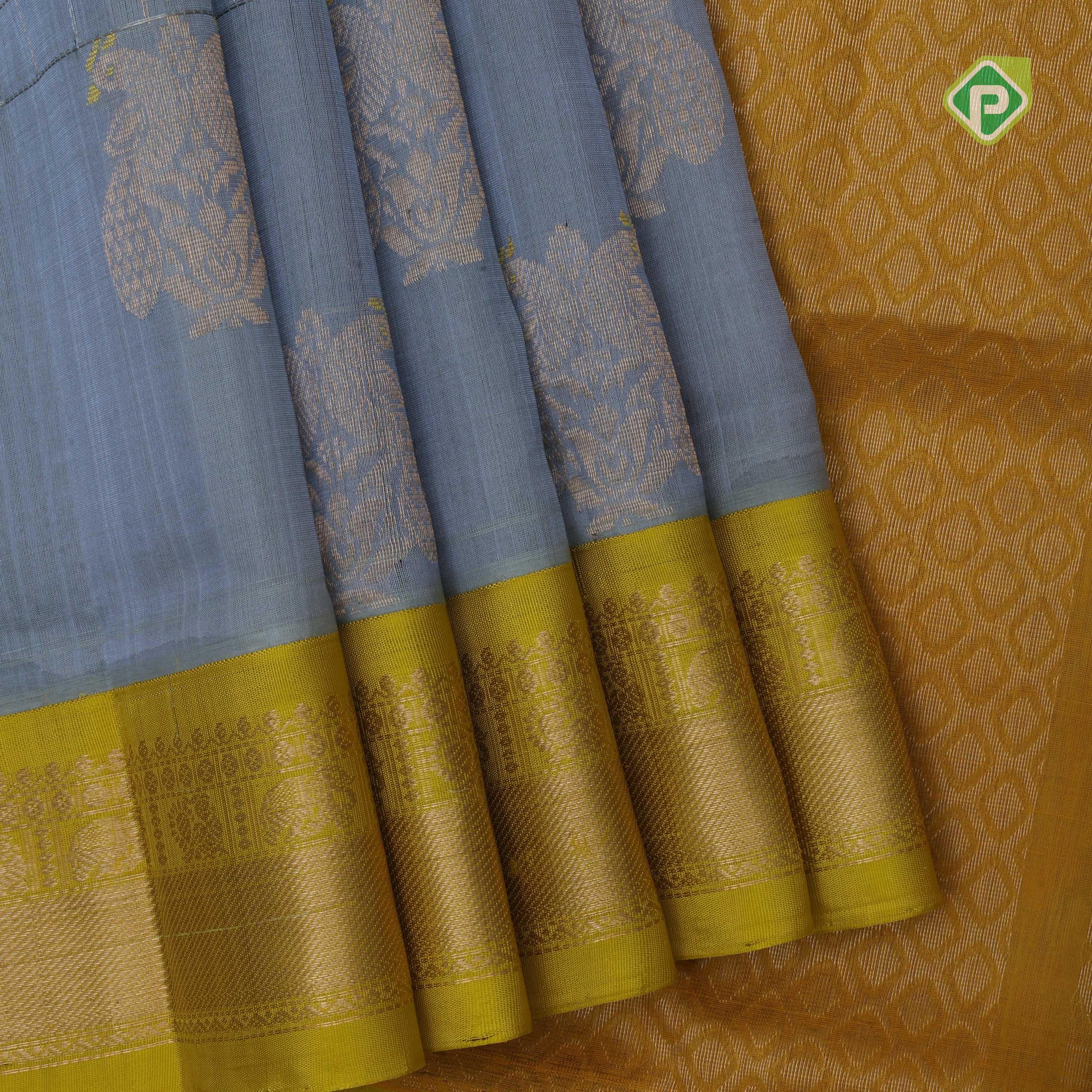 Ash grey multi color zari checks contrast manthulir green zari border kuppadam silk cotton saree