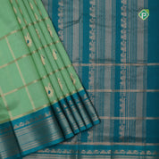 Pista green gold zari partial peacock parrot meena work checks peacock blue border kuppadam silk cotton saree