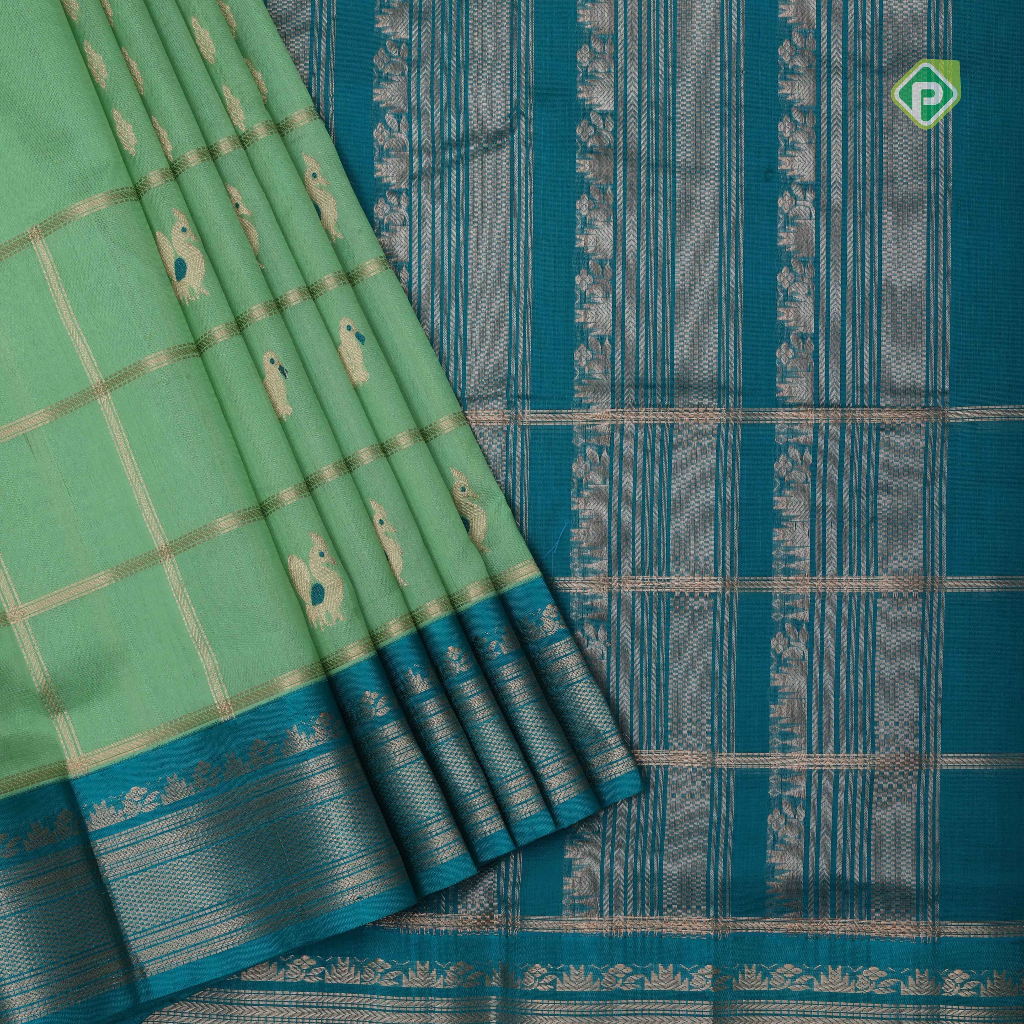 Pista green gold zari partial peacock parrot meena work checks peacock blue border kuppadam silk cotton saree