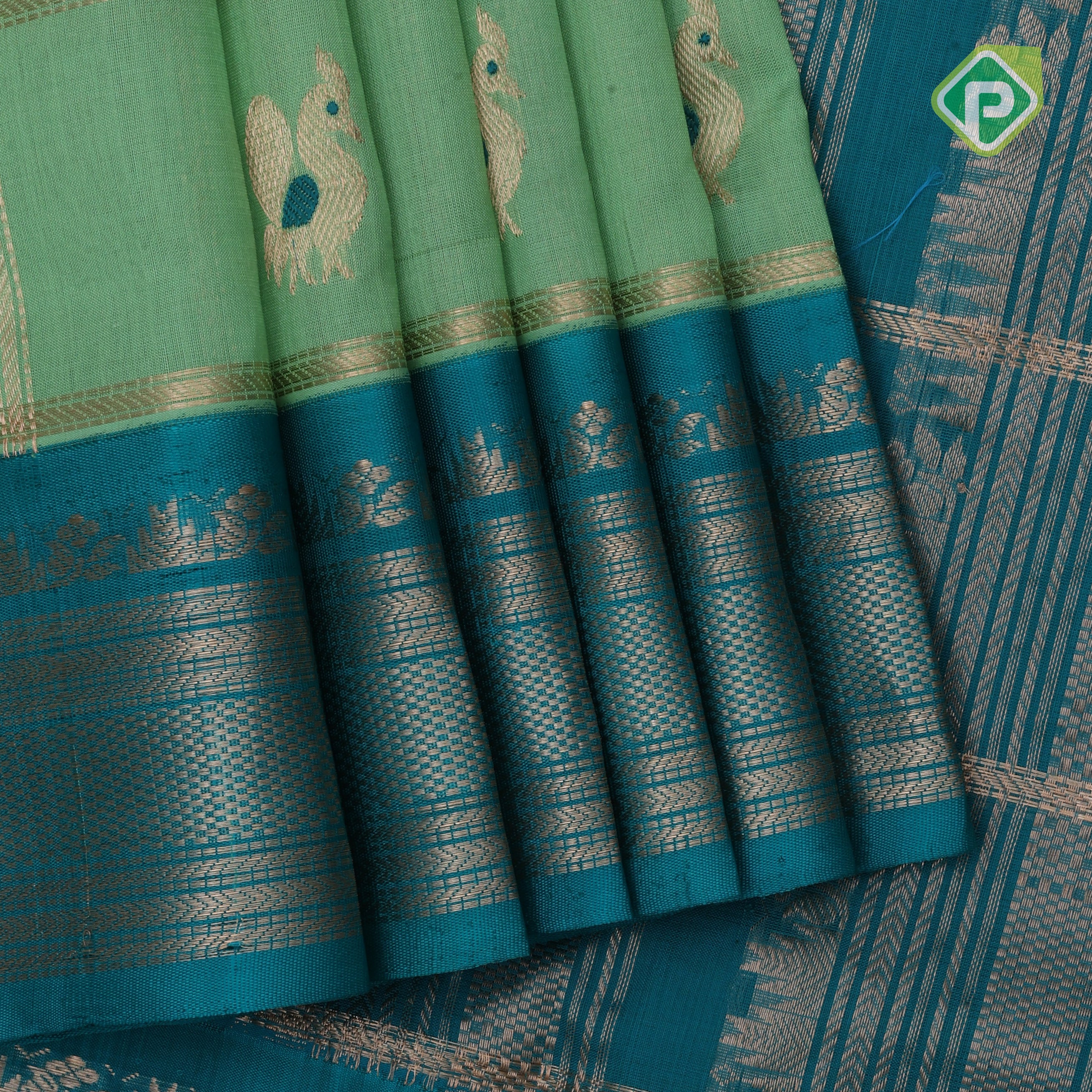 Pista green gold zari partial peacock parrot meena work checks peacock blue border kuppadam silk cotton saree