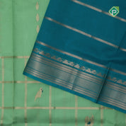Pista green gold zari partial peacock parrot meena work checks peacock blue border kuppadam silk cotton saree