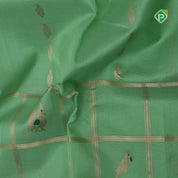 Pista green gold zari partial peacock parrot meena work checks peacock blue border kuppadam silk cotton saree