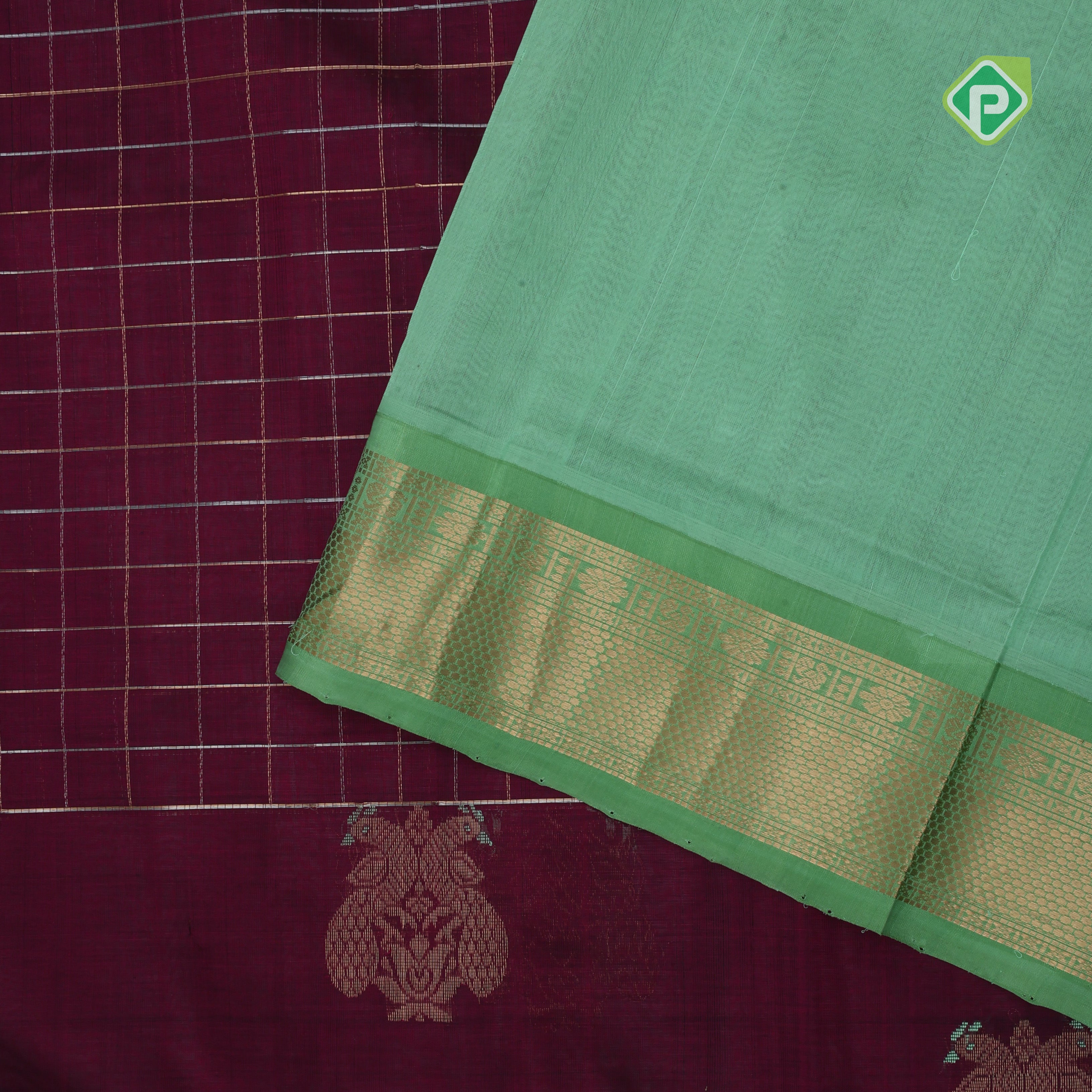 Dark pink multi color zari checks Contrast green gold zari border kuppadam silk saree