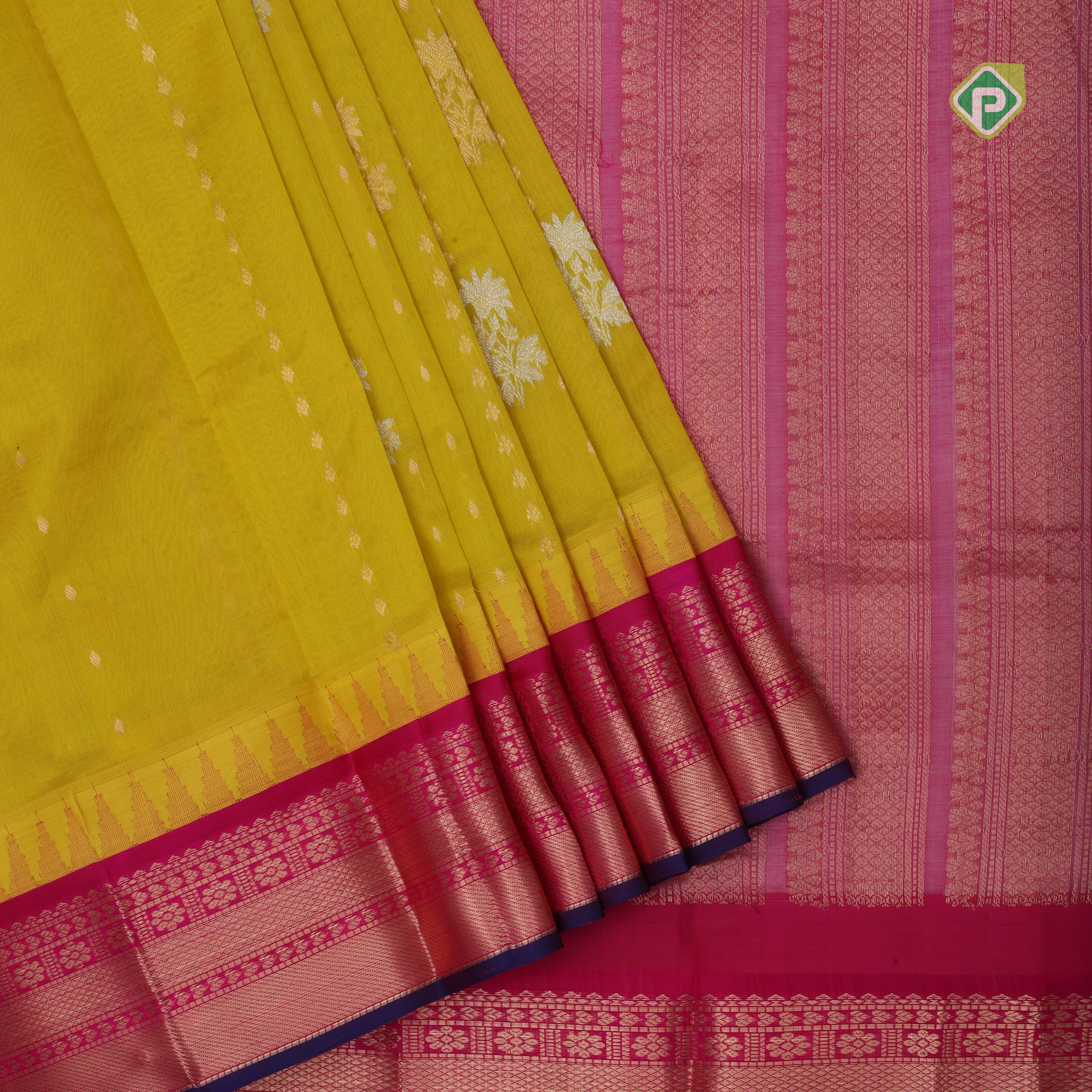 Mango yellow silver gold zari lines mid flower butta contrast pink blue edge border kuppadam silk saree