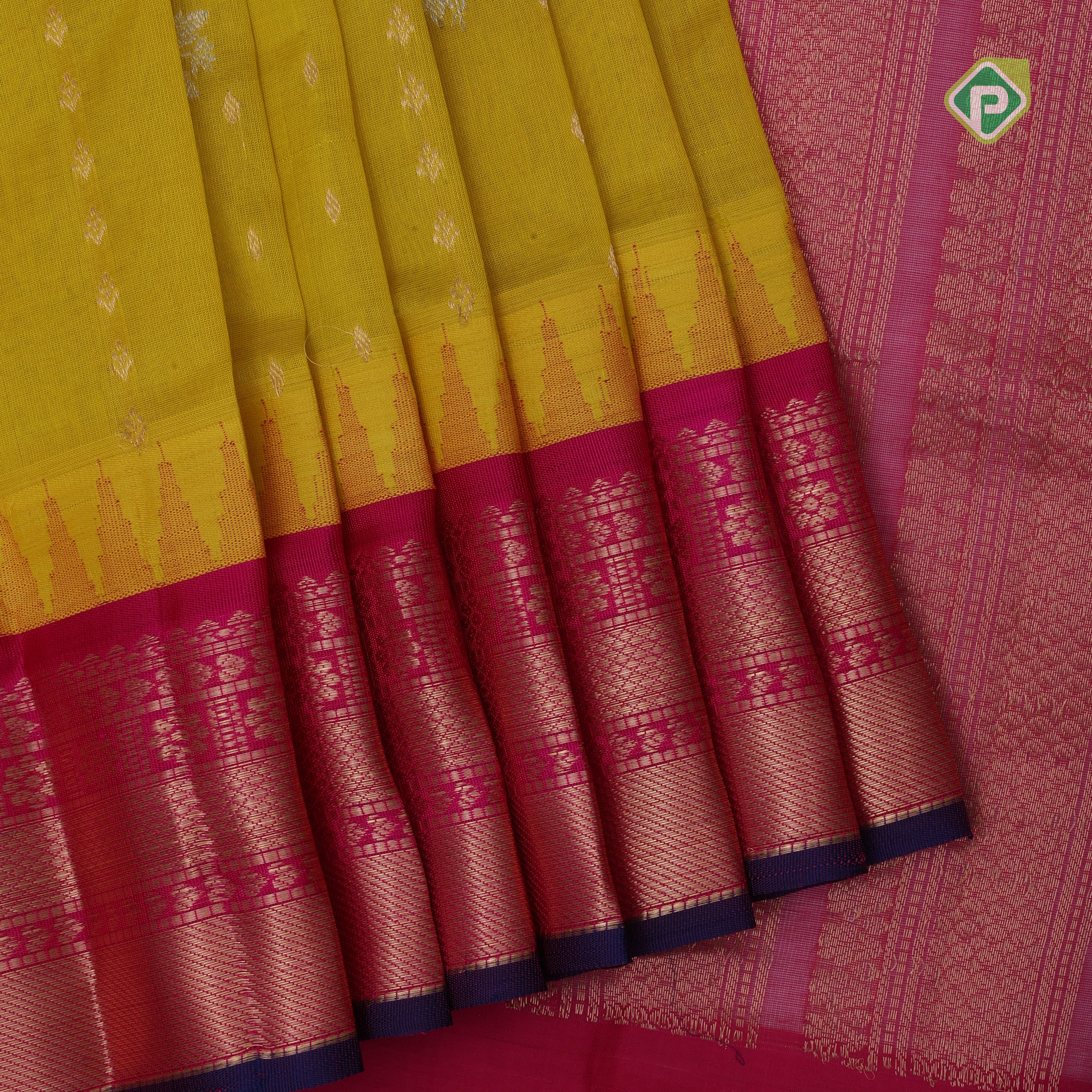Mango yellow silver gold zari lines mid flower butta contrast pink blue edge border kuppadam silk saree