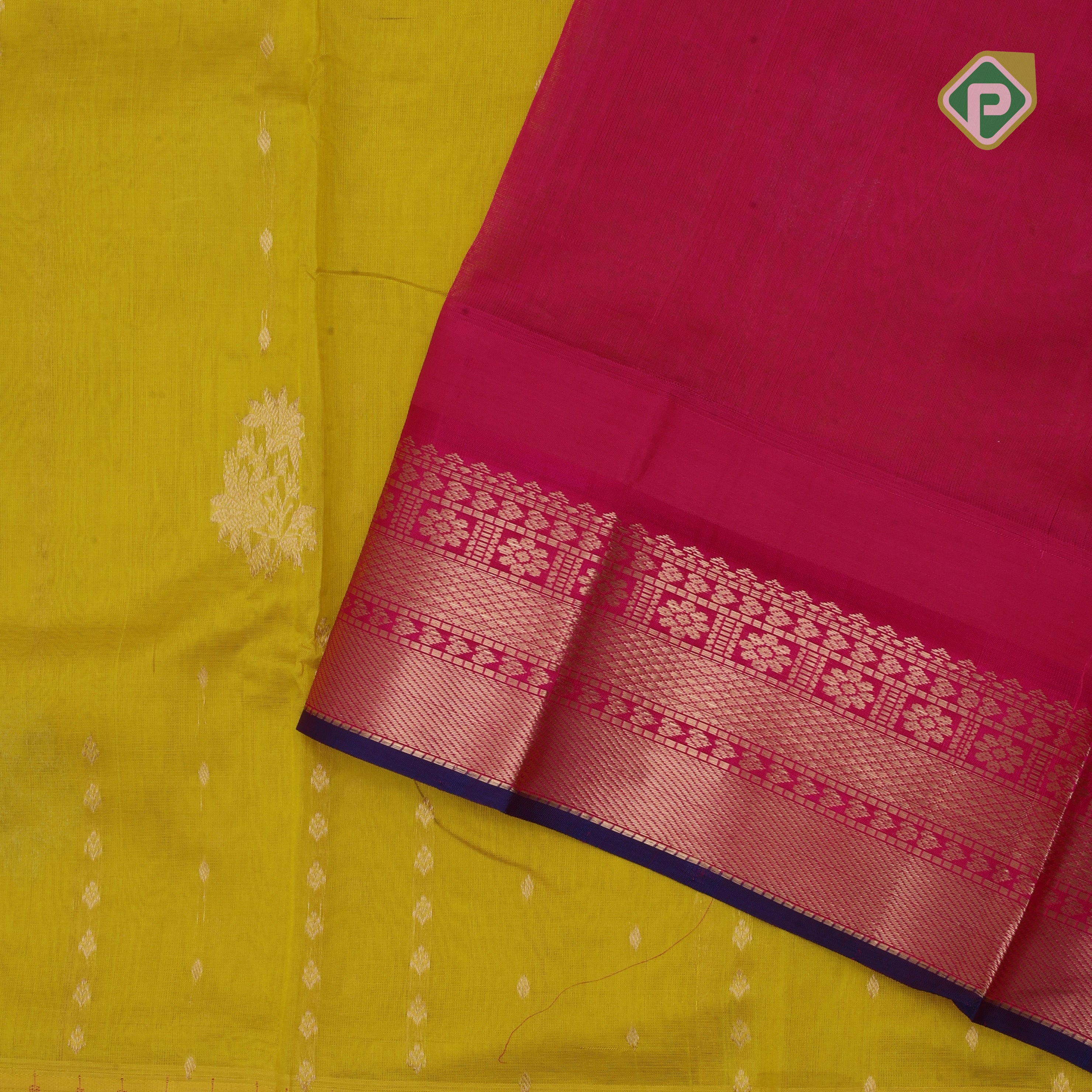 Mango yellow silver gold zari lines mid flower butta contrast pink blue edge border kuppadam silk saree