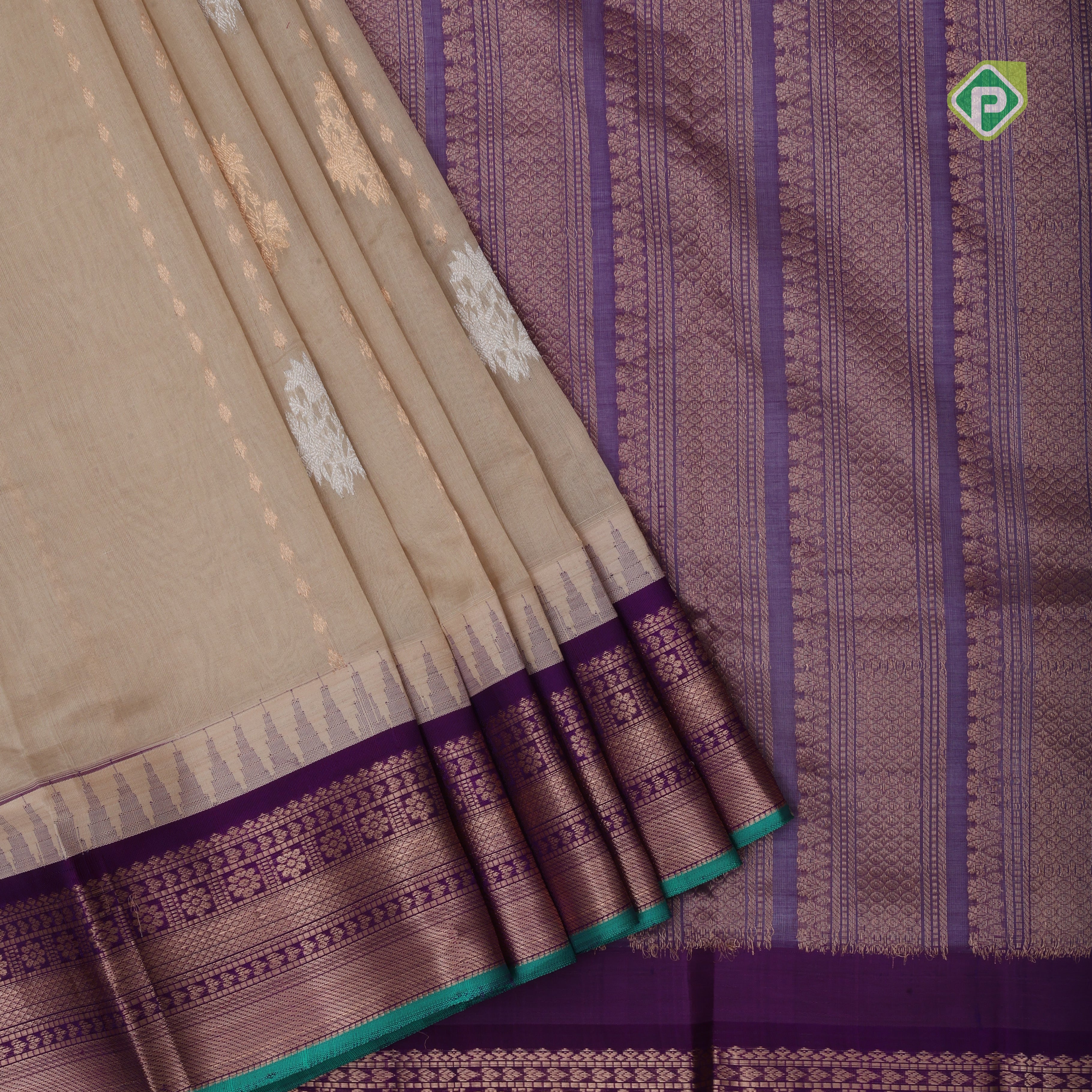 Creamy Sandal copper zari butta lines purple copper zari border kuppadam silk cotton saree