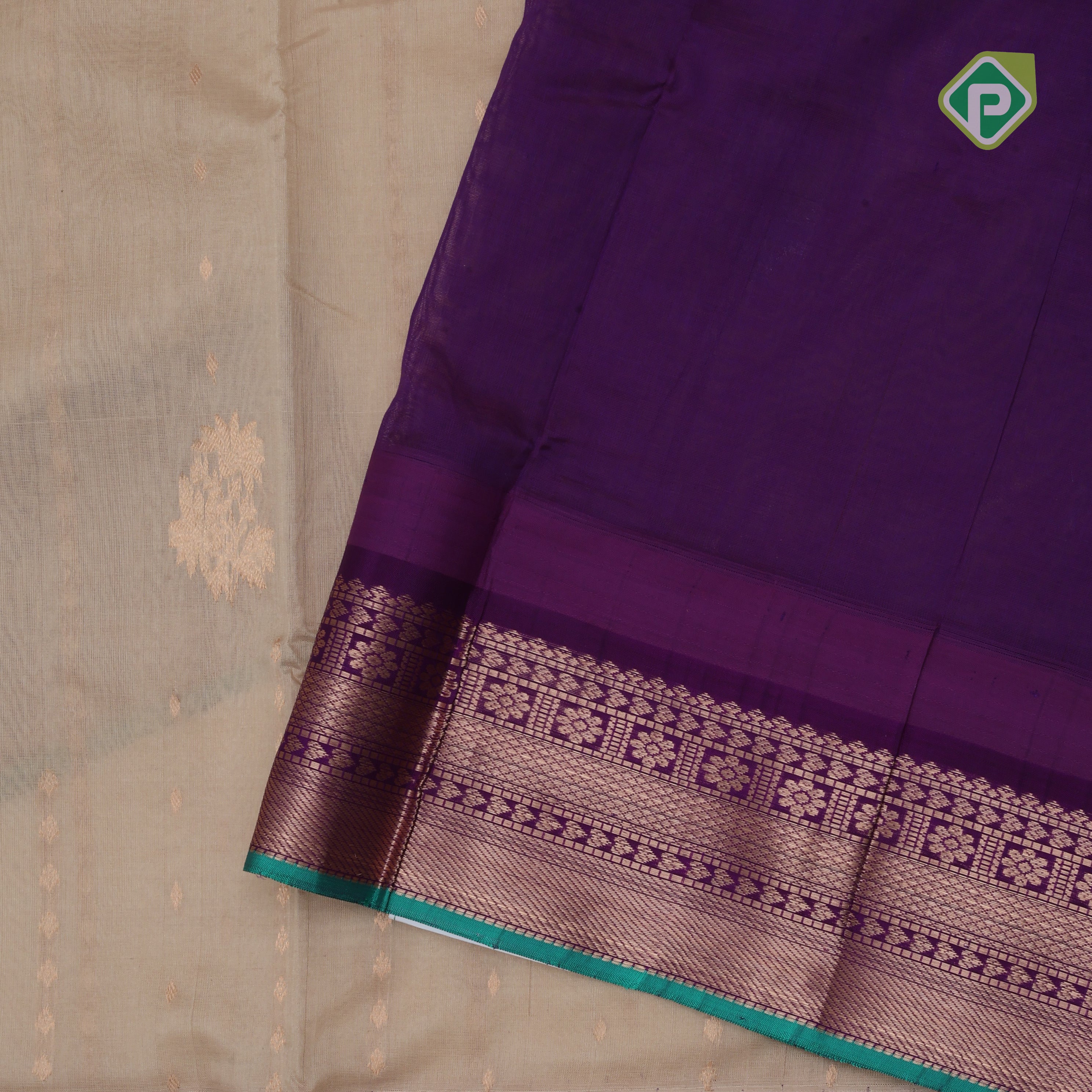 Creamy Sandal copper zari butta lines purple copper zari border kuppadam silk cotton saree