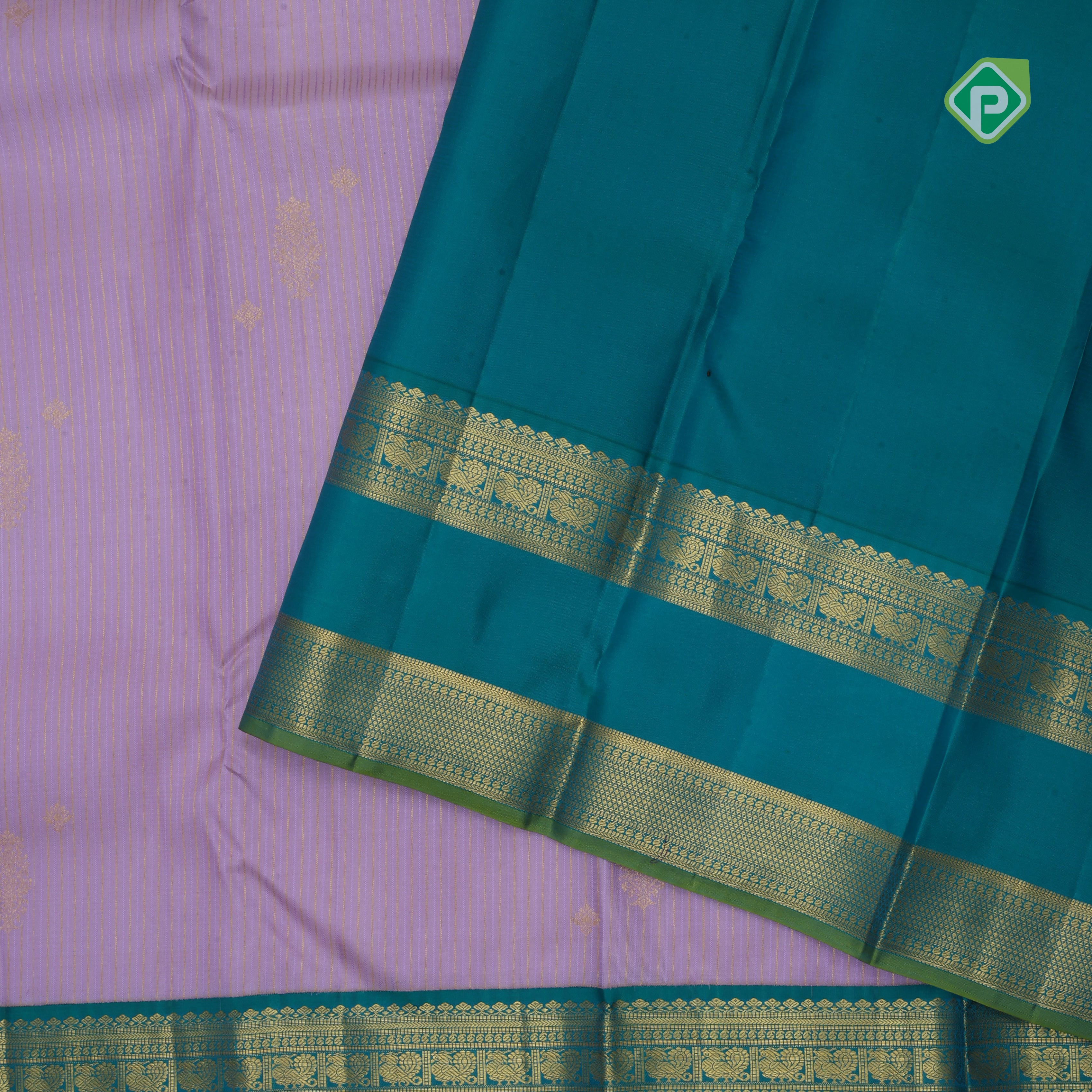 Lavender silk thread gold zari stripes mid flower butta design contrast green gold zari rettapet border Traditional silk saree