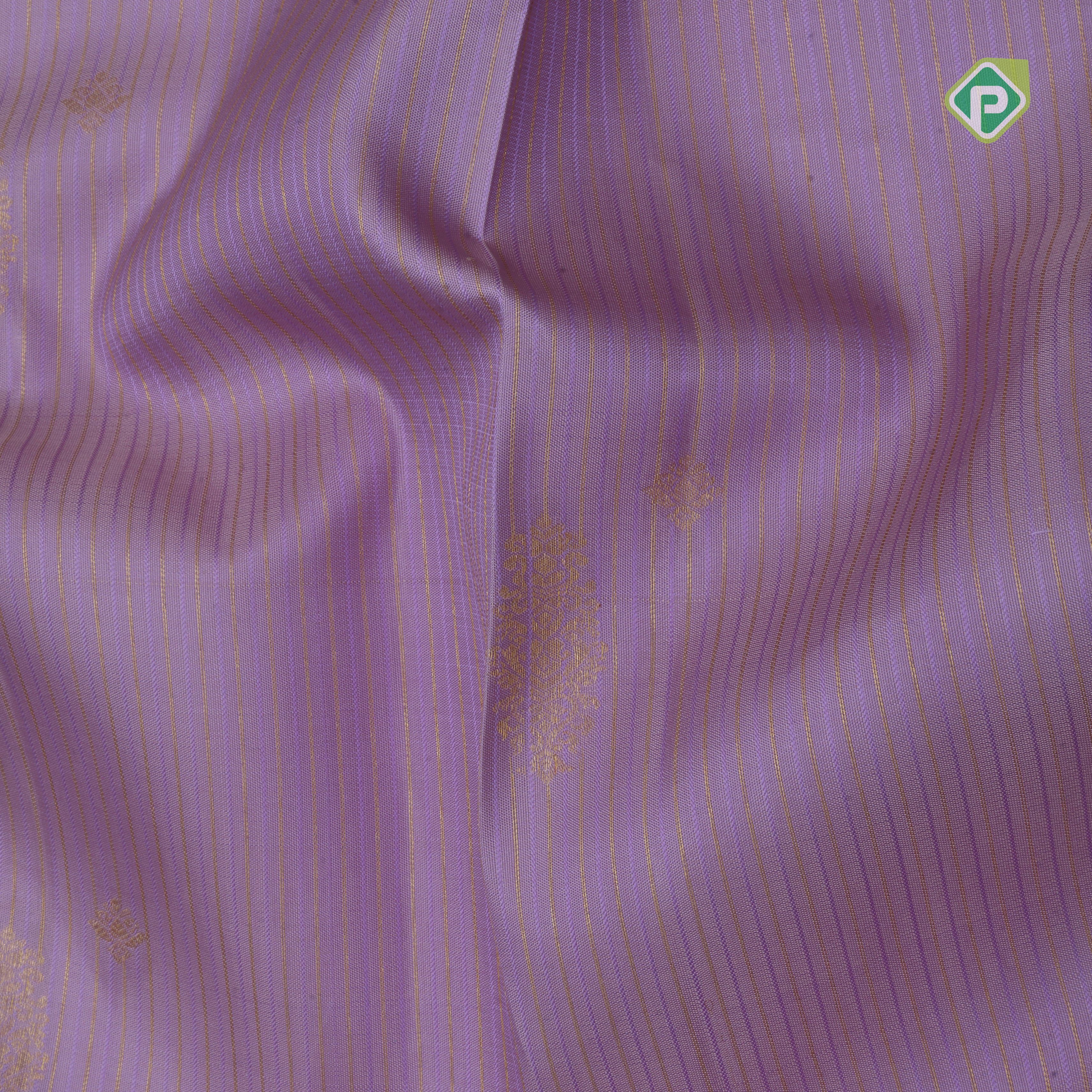 Lavender silk thread gold zari stripes mid flower butta design contrast green gold zari rettapet border Traditional silk saree