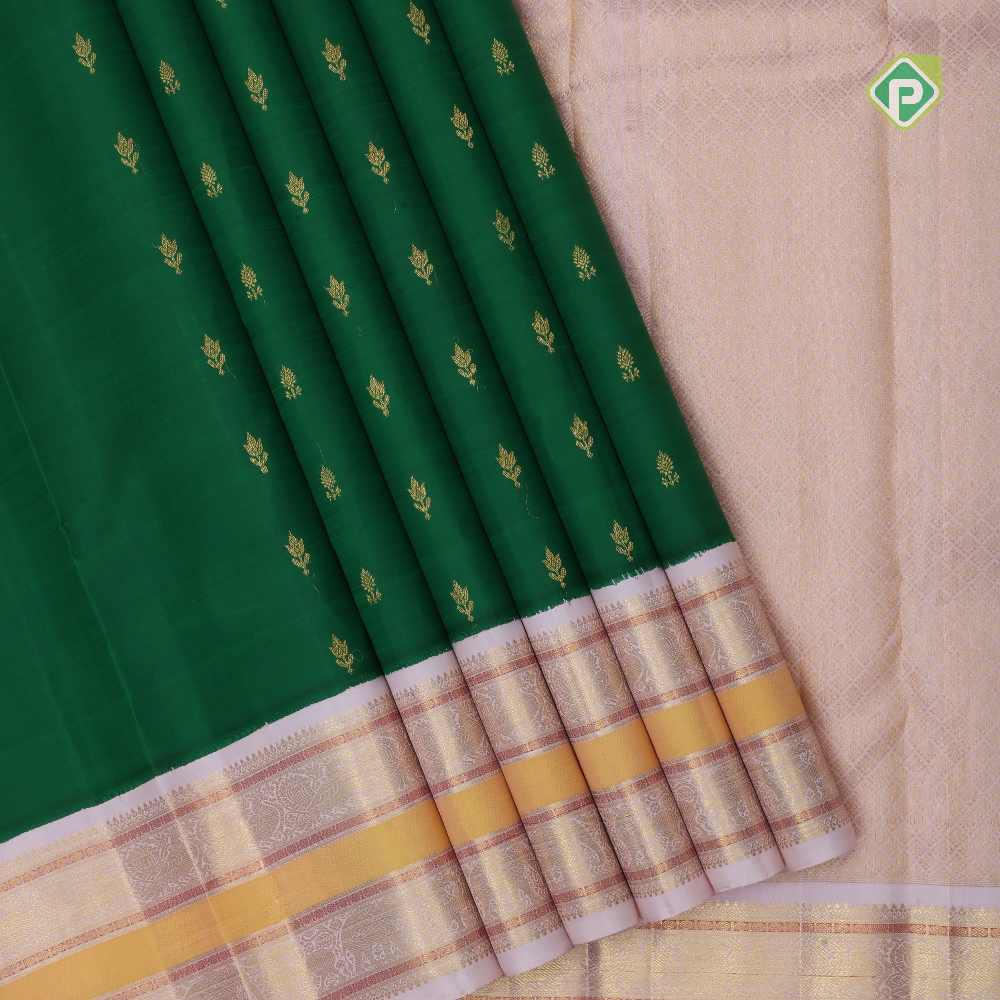 Forest green gold zari fancy flower buds butta contrast soft pink gold zari meena work double border Traditional Silk saree